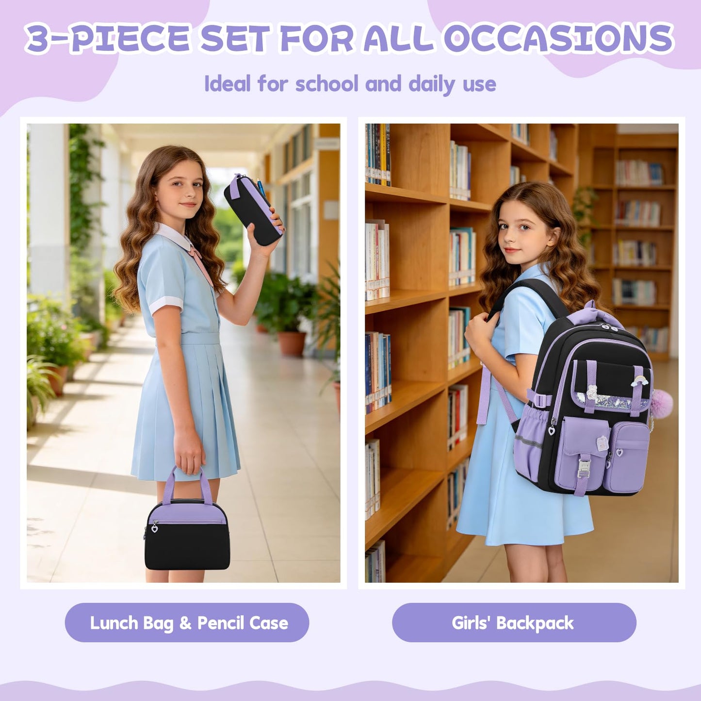 MUSEVOS Girls Backpack, Kids Backpack for Girls, School Bookbag for Teens Age 6-15, Large Capacity Water Resistant Backpack for Elementary to High School, Cute Travel Daypack, Black Purple 3pcs