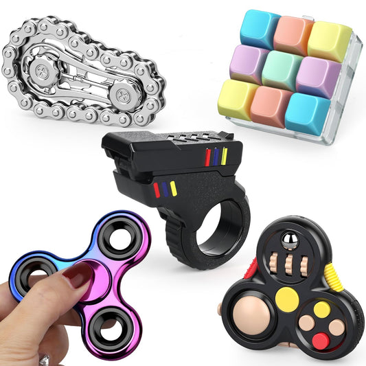 5 PCS Fidget Toys Set for Adults, Fidget Slider, Fidget Cube, Spinner Toy, Keyboard Clicker Toy, Fidget Pad, Cool Gadgets Office Desk Toy for Men Teen Gift