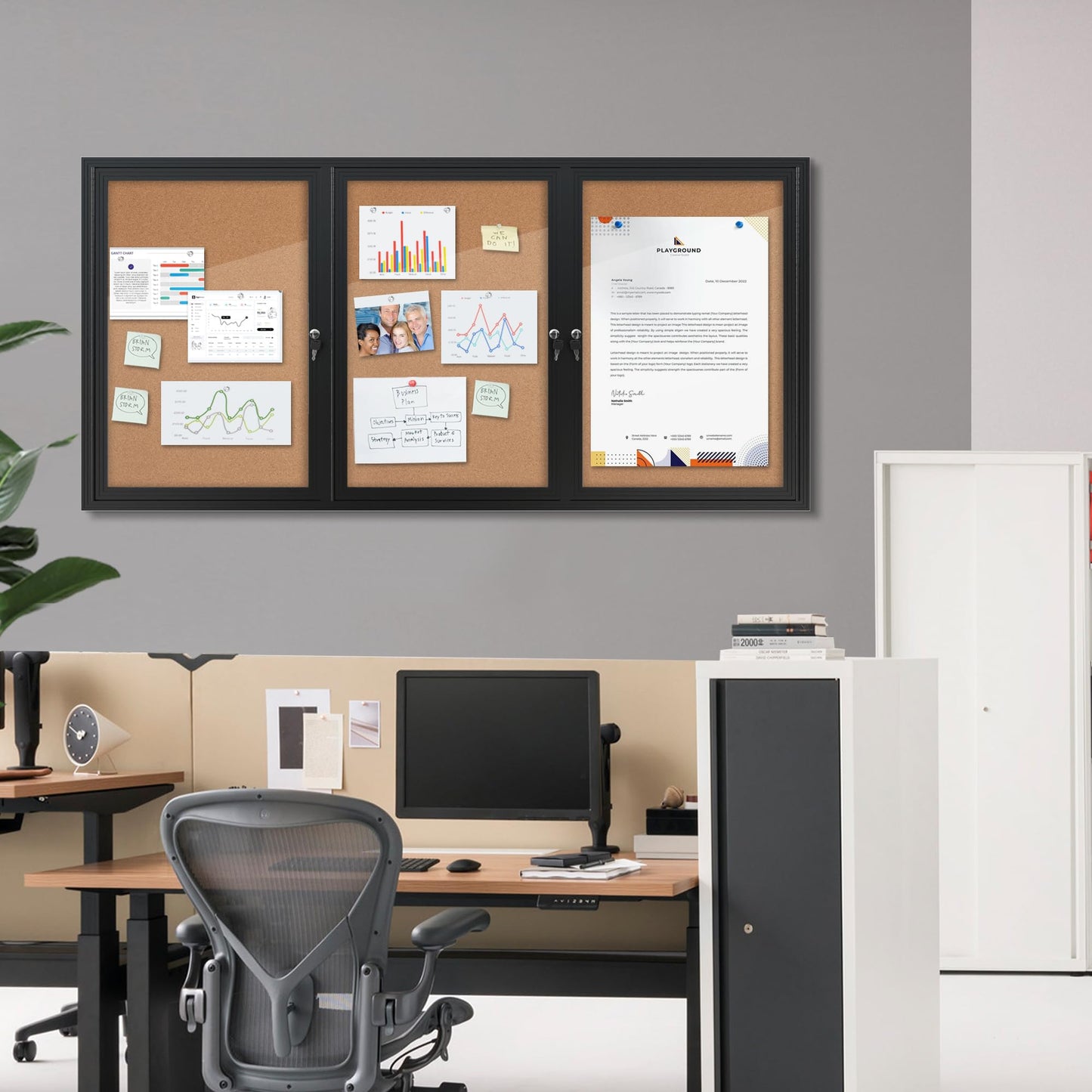 Mifuro 70"x34" Enclosed Bulletin Board, Outdoor Lockable Weather-Resistant Aluminum Cork Noticeboard for School & Office, Black Frame w/Cork