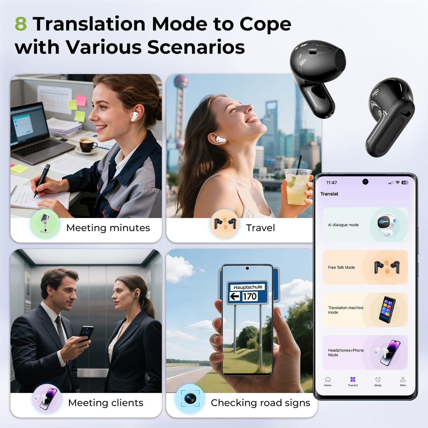 NE20 Earbuds, 2025 New NE20 AI Translation Earbuds in Real Time, Language Translator Headphones with LCD Touch Screen Audifonos Traductores Inglés Español Support 140 Languages for Travel White