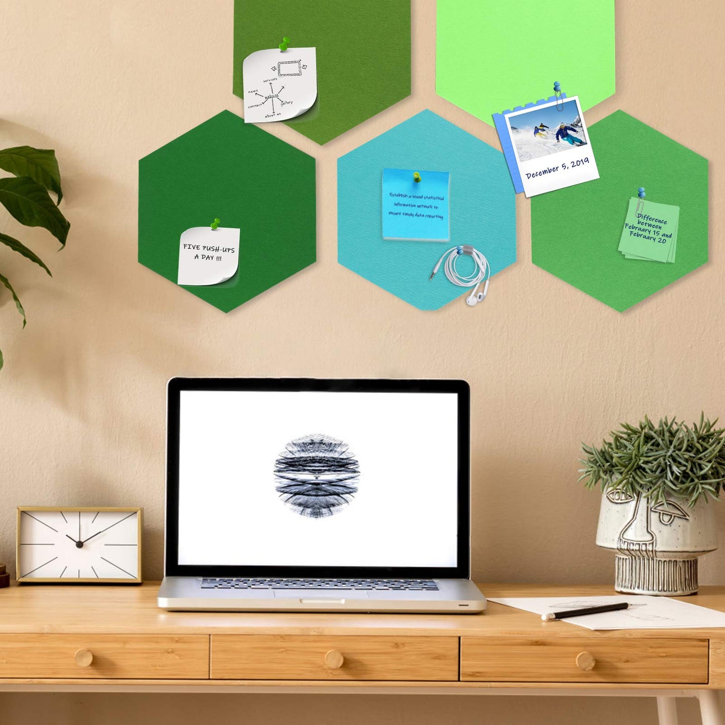 SEG Direct Hexagon Felt Cork Board Tiles, Large Hexagon Felt Bulletin Board Tiles Self Adhesive Picture Board, Memo Notice Tiles Pin Board for Walls Office, 11.8" x 10.2", 5PCS(Green Series)