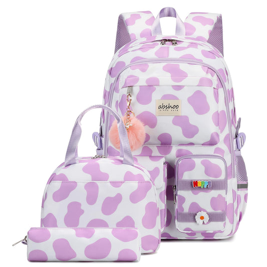abshoo School Backpack for Girls Bookbag with Lunch Bag Teen Girls School Bag Travel Daypack (Cow Print Purple)