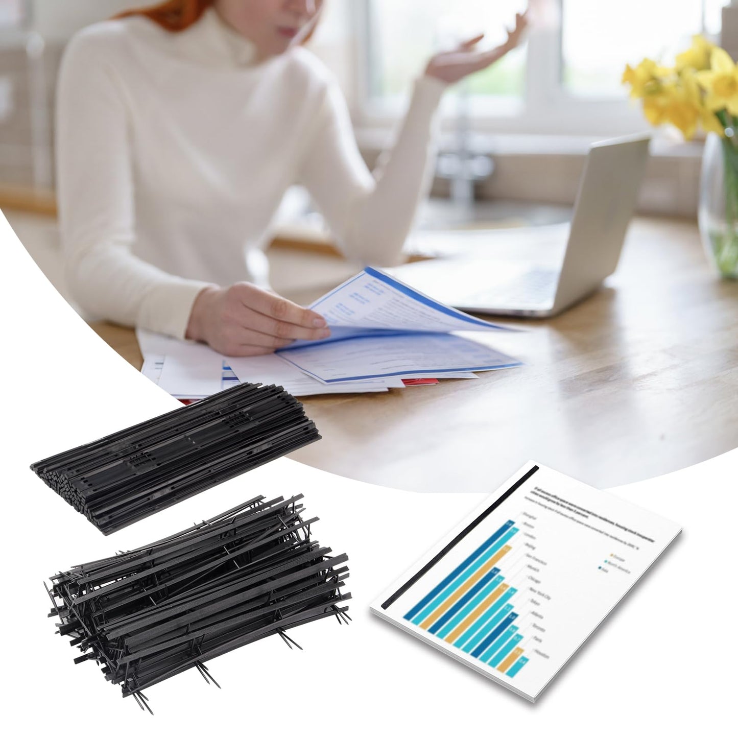 Kcgani 100 Packs Binding Spines, Reclosable 11'' Long 1.7" Depth 4 Pin Spines, Plastic Binder Combs 200 Sheet Capacity Binding Strips, Black