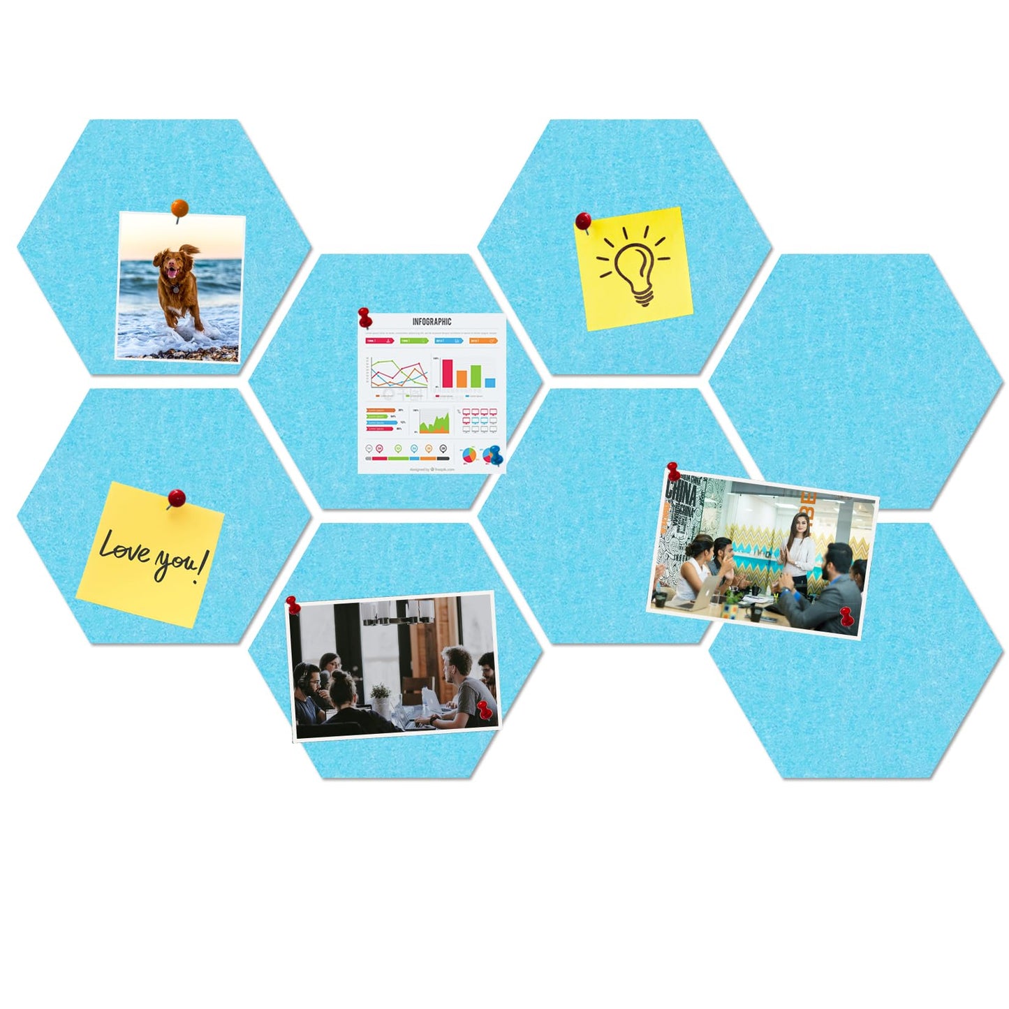 HULAVO Large Hexagon Felt Cork Board Tiles, Self Adhesive DIY Felt Bulletin Board Pin Board with 35 Pushpins for Office School Home Wall Decor Stickers Memos Photos Display(Sky Blue)