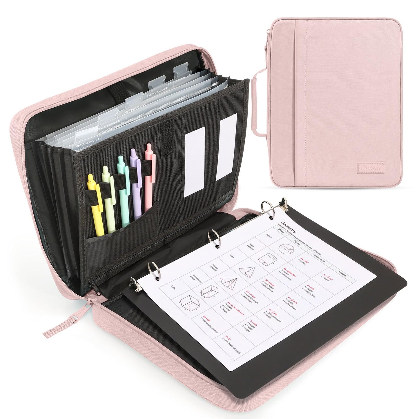 SUNEE Zipper Binder 1 Inch, Removable 3-Ring Binder, 175-Sheet Capacity, 5-Tab Dividers Expanding File Folder, Small Binder Bag Organizer Storage for Student School Classroom Supplies, Pink Lotus