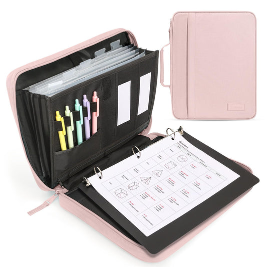 SUNEE Zipper Binder 1 Inch, Removable 3-Ring Binder, 175-Sheet Capacity, 5-Tab Dividers Expanding File Folder, Small Binder Bag Organizer Storage for Student School Classroom Supplies, Pink Lotus