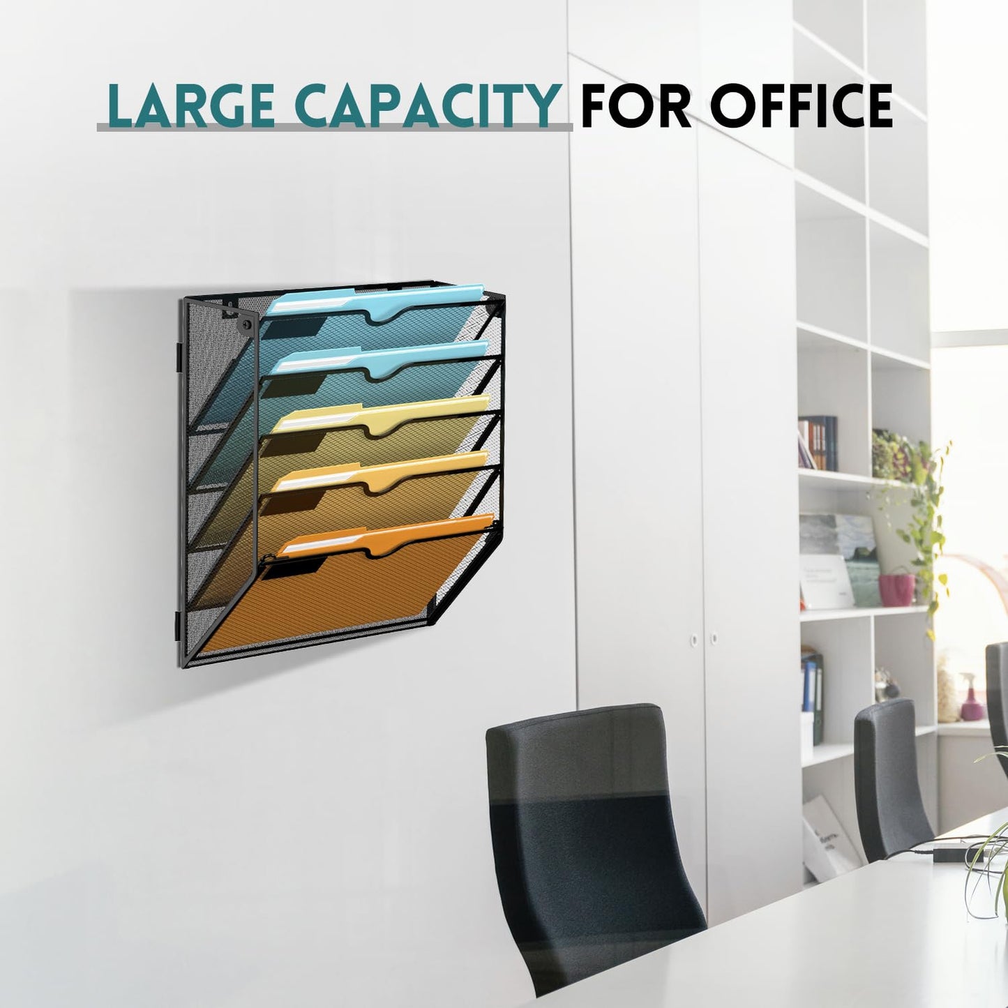 SUPEASY 5 Tier Wall File Organizer, Hanging Wall Mounted Mail Organizer with Label Slots, Metal Mesh File Holder Magazine Rack for Office, Home, School or Classroom, Black