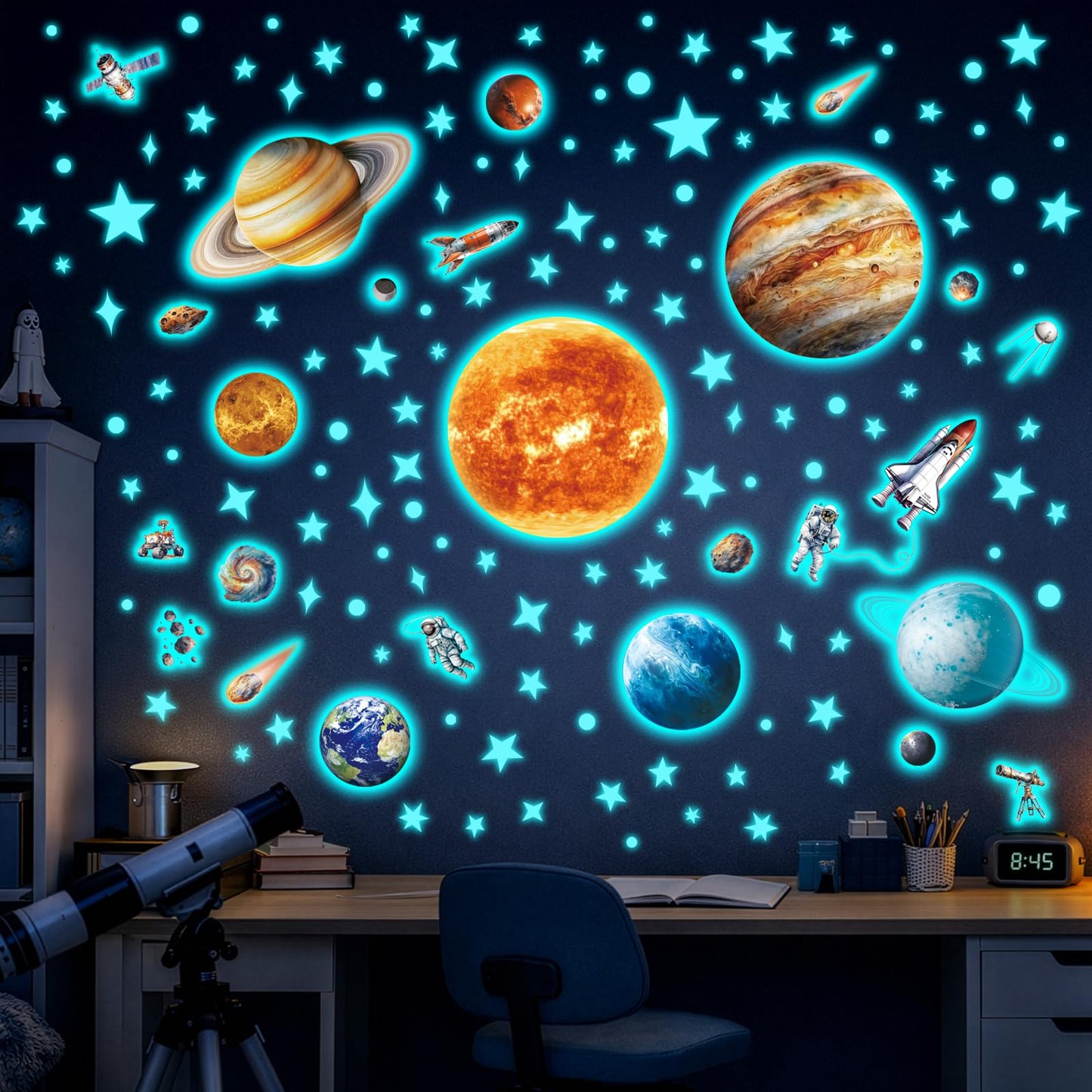 DECOWALL Glow in the Dark Solar System Wall Stickers – Planets, Sun, Moon and Stars Space Glow Wall Decals for Kids Bedroom Nursery Playroom Decor (GDS8-7002)