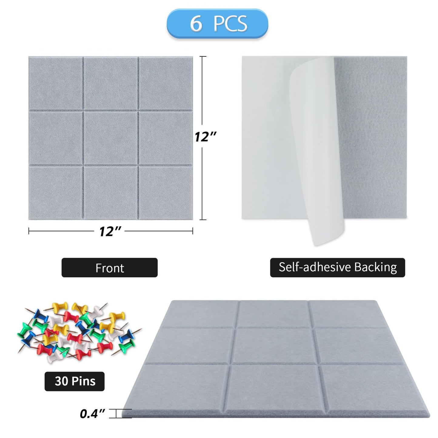 BXI Felt Bulletin Board - 12 X 12 X 0.4 Inches 6 Pcs Self-Adhesive Poster Cork Board with 30 Push Pins, Thick Pin Tiles Display Vision Board, Photo Picture Panels for Home Office Classroom Walls