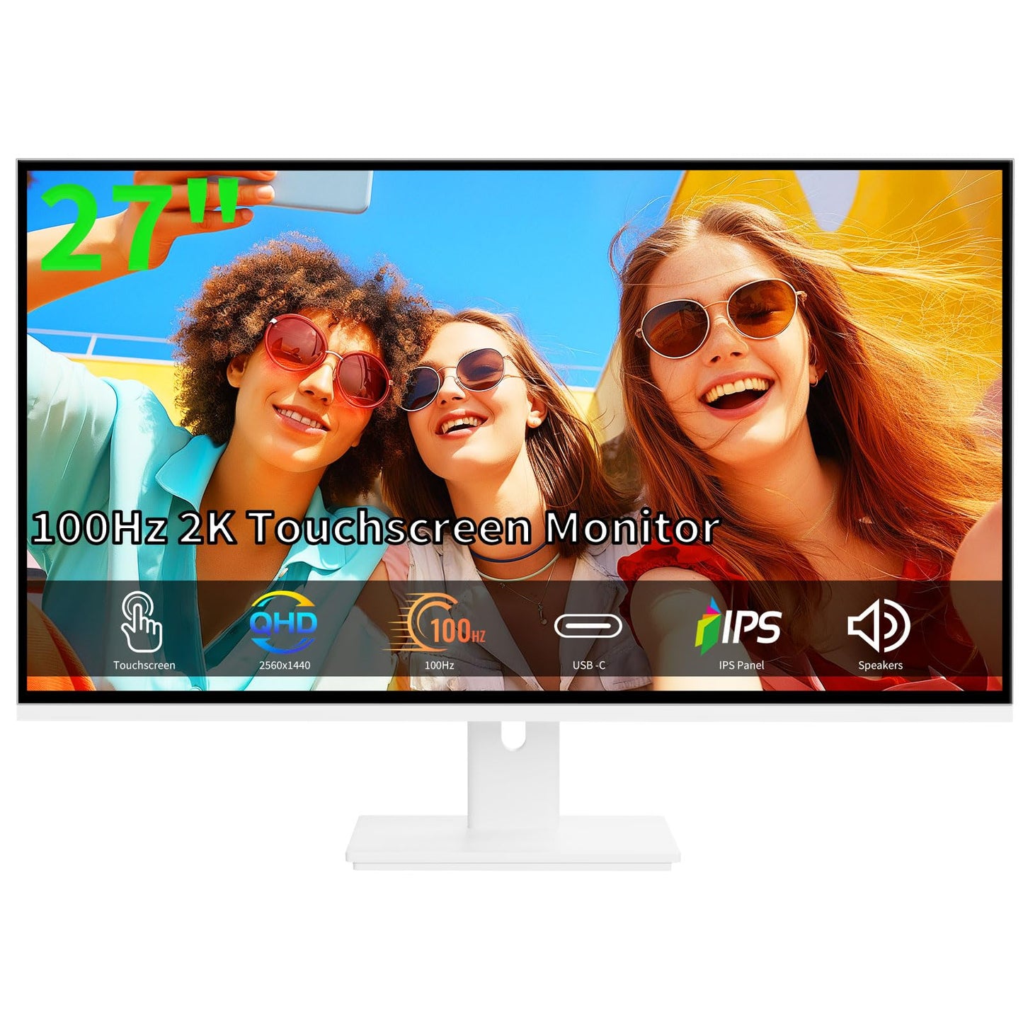 Pisichen Touchscreen Monitor 2K 27 Inch IPS Gaming 100Hz, 10-Point Touch QHD 2560x1440 PC Display, HDMI VGA USBC Computer Monitor, Built-in Speakers, White