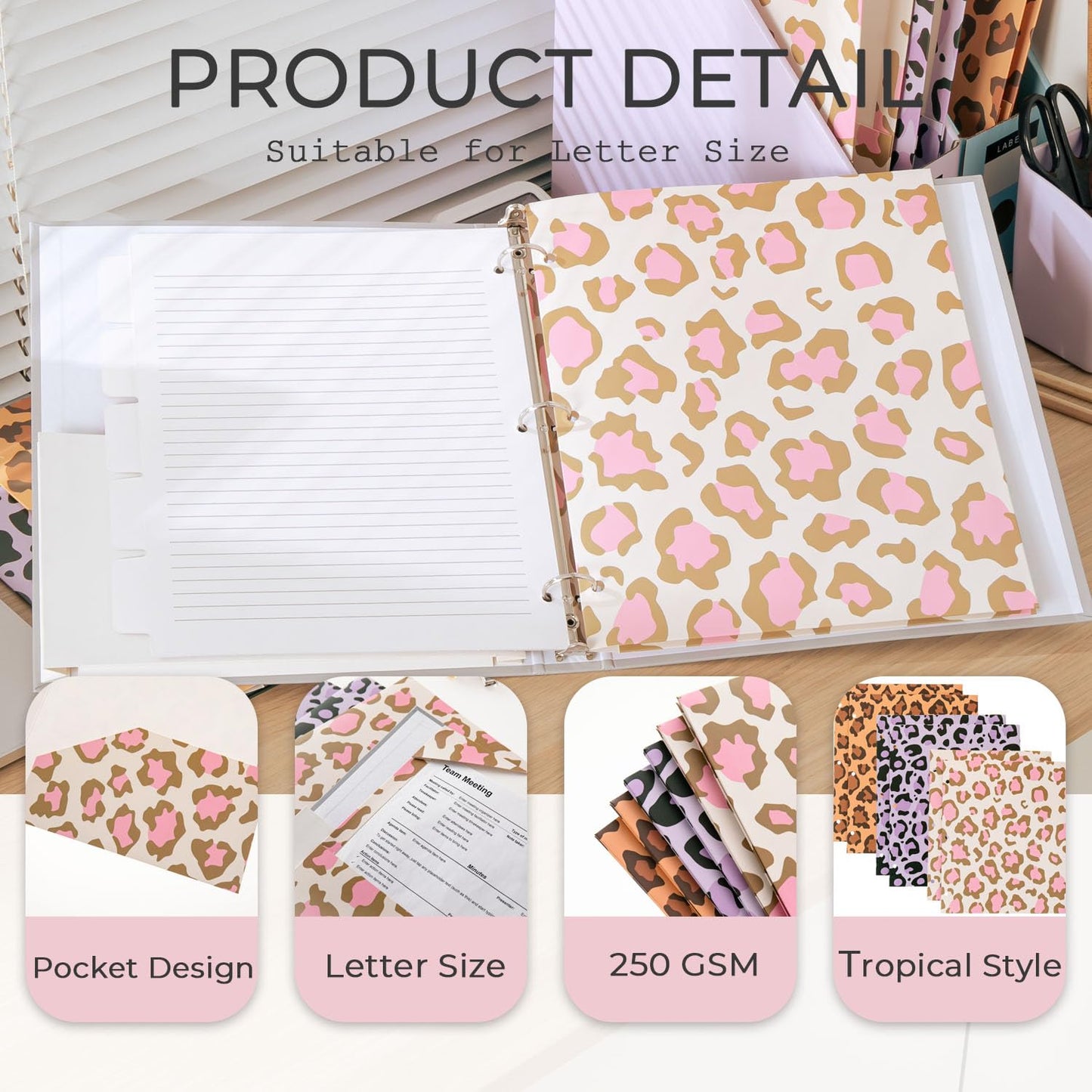 Beramon 6 Pack 2 Pocket Folders, Letter Size 3-Hole Punched Folders for 3 Ring Binders, Cute Cheetah Print School & Office File Folders