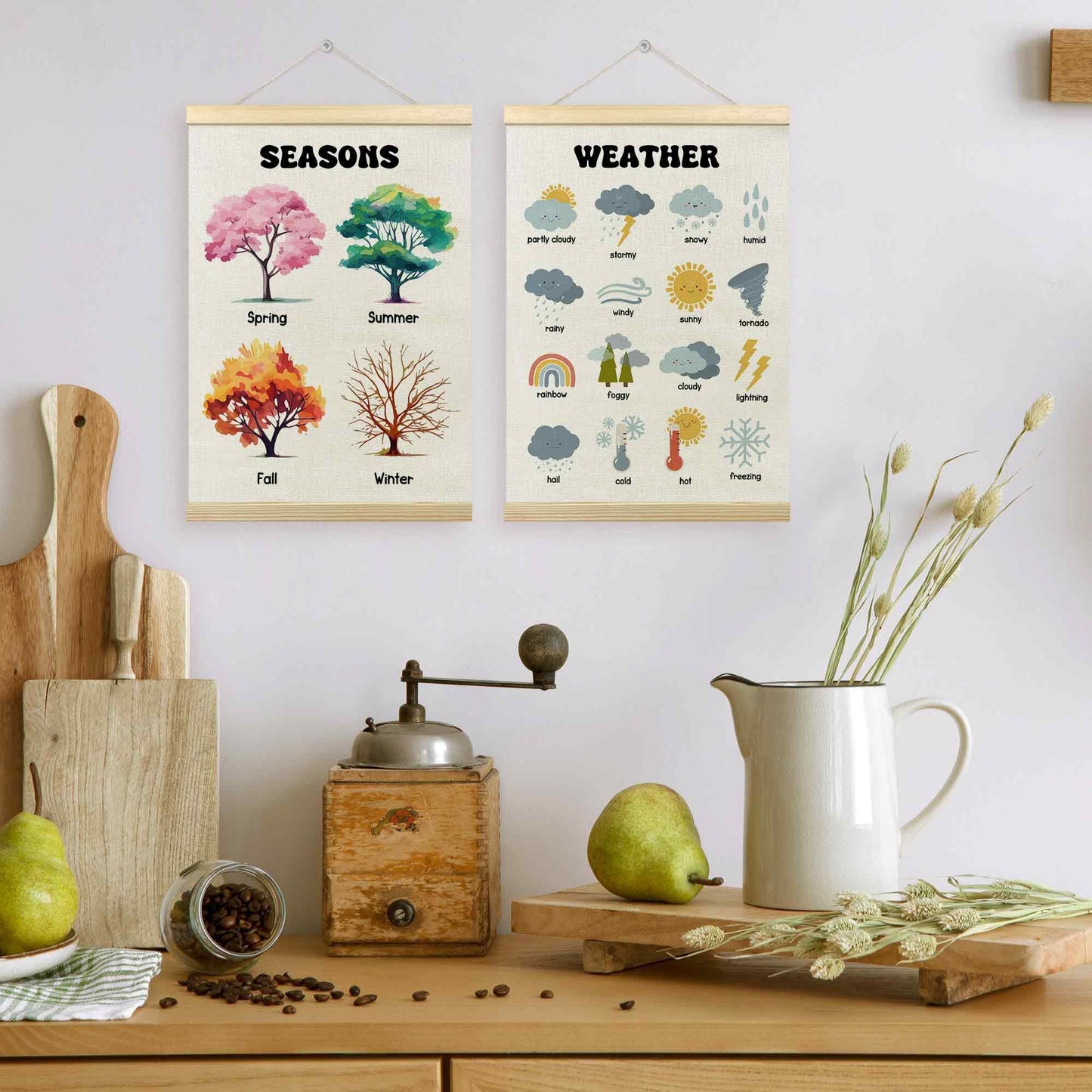 TLESKE 4 Seasons Weather Chart Poster Hanger Frame for Toddler Kid Classroom Set of 2, Homeschool Hanging Wall Art Decor for Nursery Playroom, Preschool Prek Learning Educational Poster, 12x16