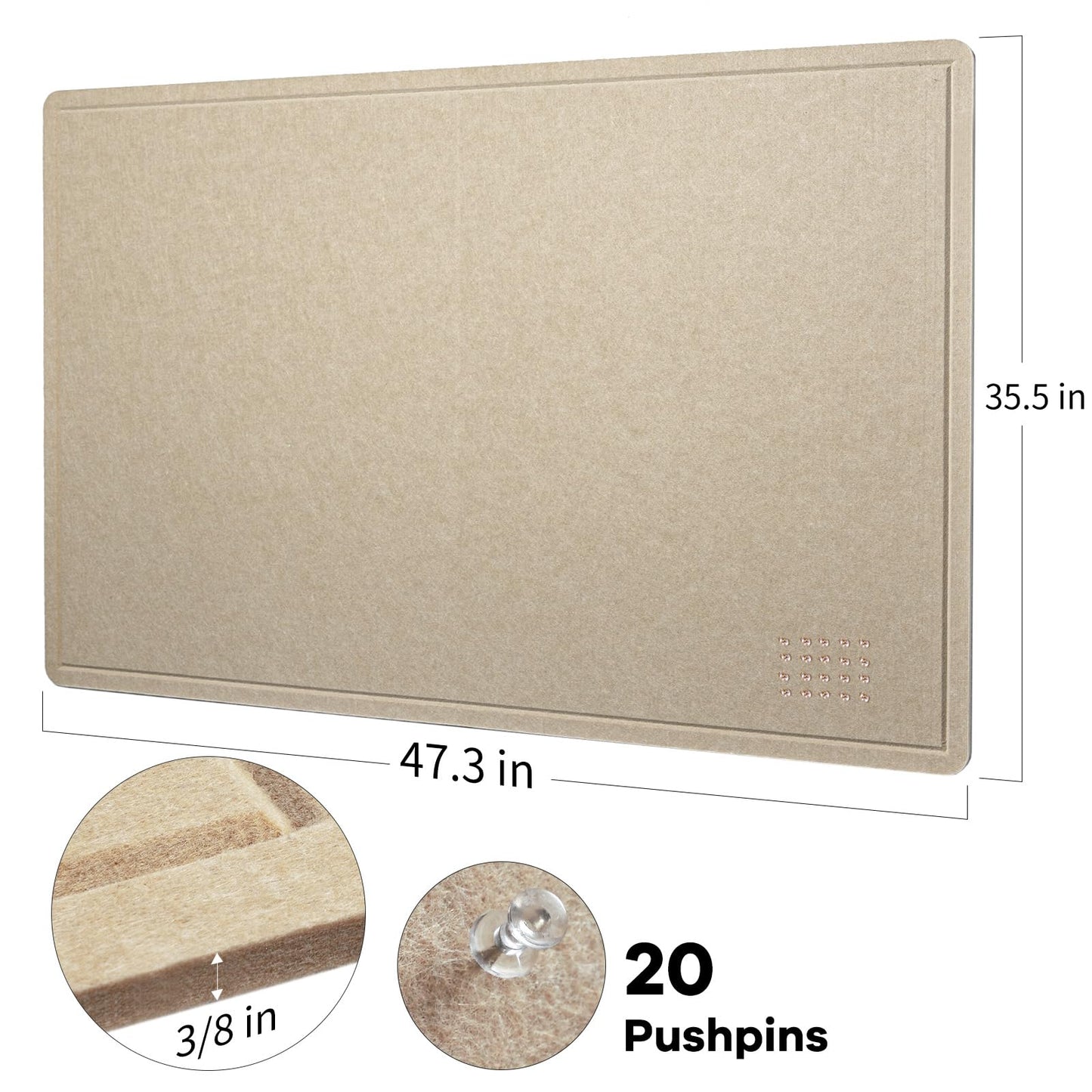 Lightomorrow Large Bulletin Board - 48 x 36 Inches, Decorative Felt Pin Board for Wall - 4' x 3' Foldable Photo Display Board with Self-Adhesive Tape, Includes 20 Push Pins - Beige Brown