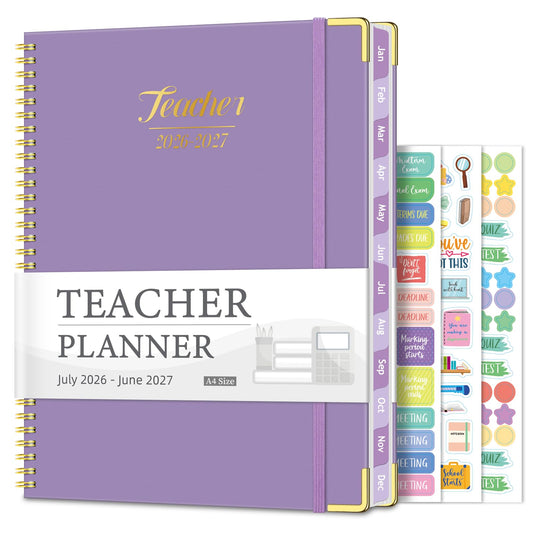 Teacher Planner 2026-2027, Jul 2026-Jun 2027 Academic Year, 8.5" x 11" Lesson Planner Book for Teachers Calendar, Spiral Bound Planners, Colorful Monthly Tabs, Hardcover, Corner Protectors - Purple