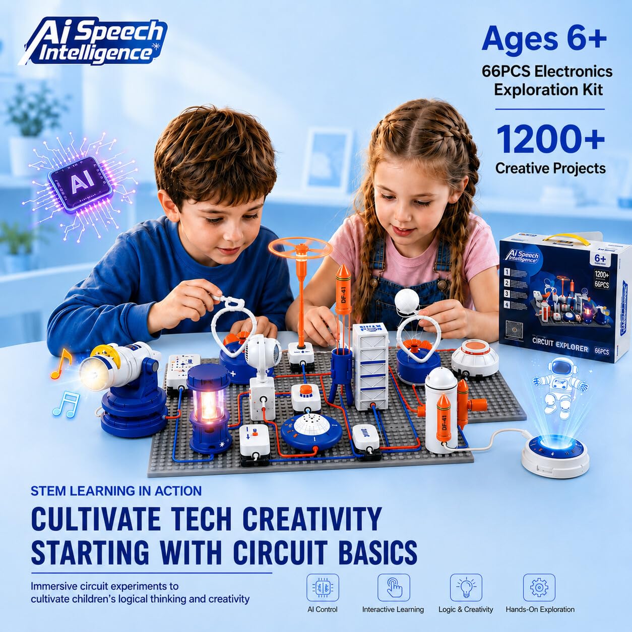 STEM Circuit Kit for Kids Ages 6+, 66PCS Electronics Exploration Kit with 1200+ Creative Projects for Home & School Learning, Educational Physics Science Toy Gift for Boys Girls