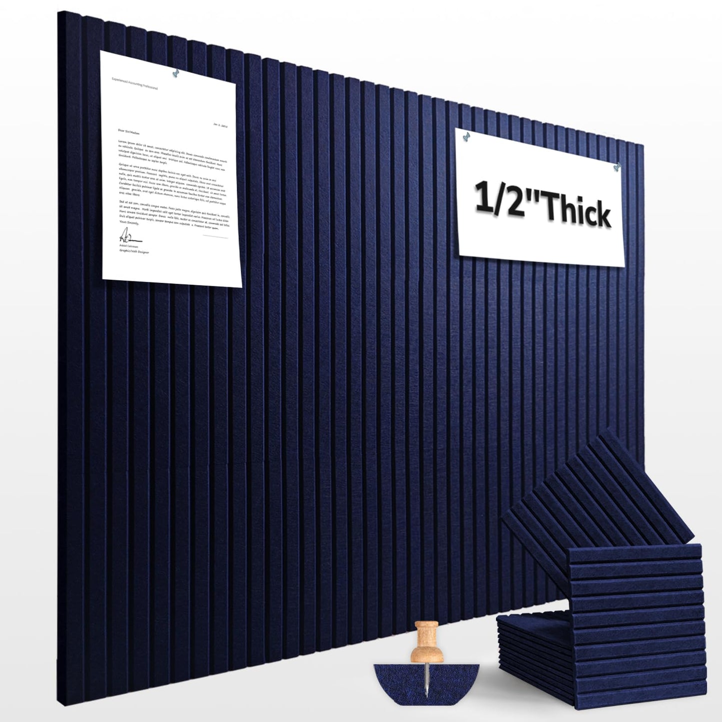 Large Cork Board for Office Decor, 48"x 36" - 1/2” Thick Felt Bulletin Board, 12 Pack Felt Board with Safe Removable Adhesive Tabs, Pin Board Cork Boards for Walls - Dark Blue