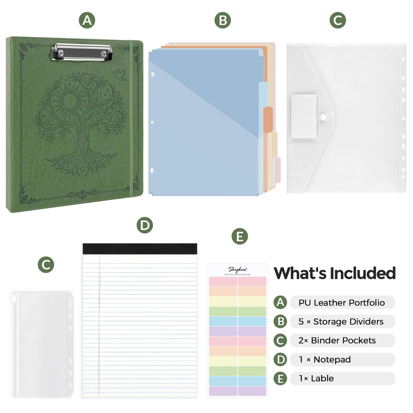 SKYDUE 1 Inch 3-Ring Binder with Clipboard, PU Binder with 5 Dividers, Notepad, Stickers & Pockets for Work and School - Aesthetic Binder (Letter Size)