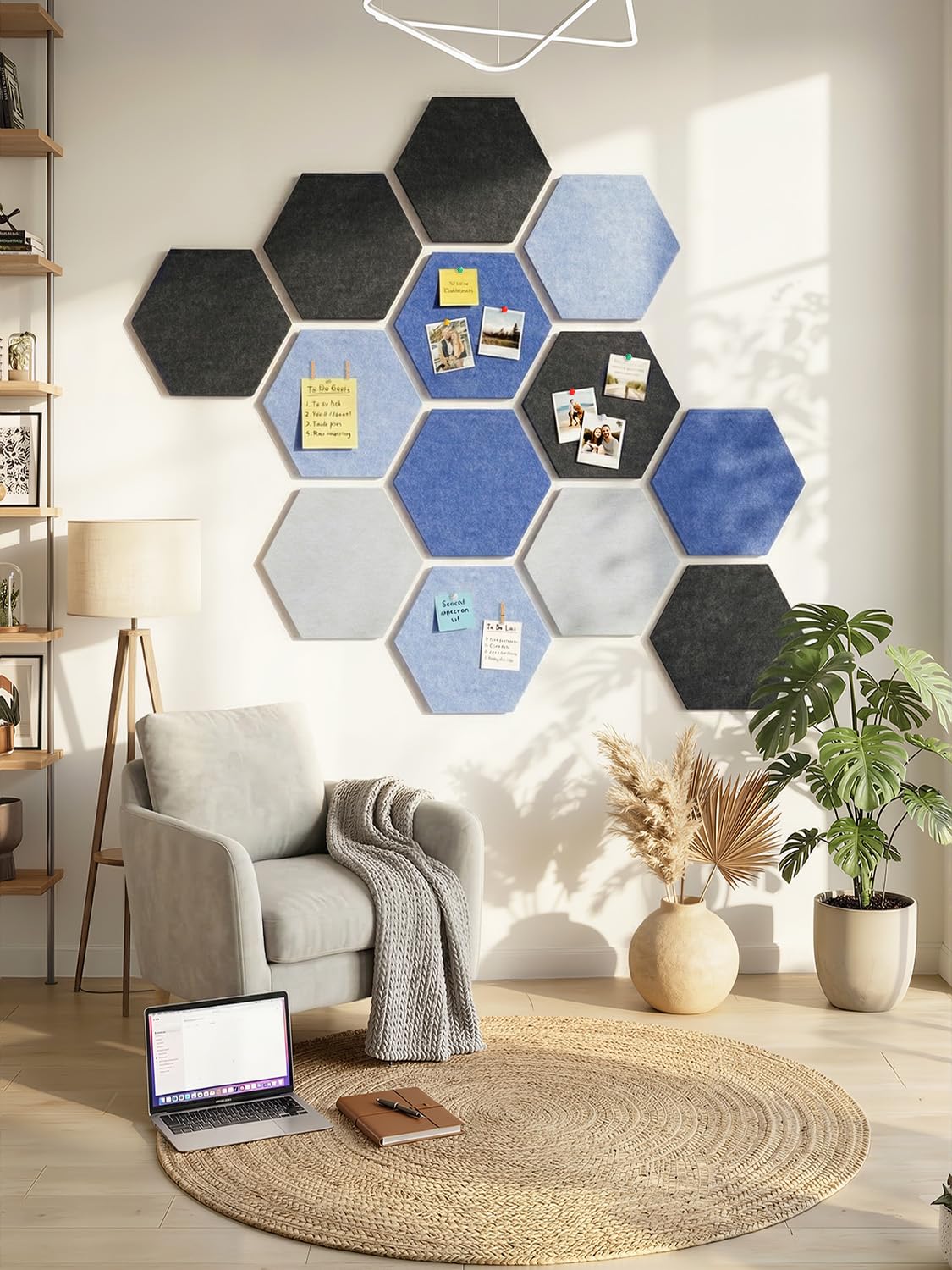 Uoisaiko 8 Pack Hexagon Felt Bulletin Board Tiles - 12" Large Thick Pin Board for Walls with 30 Push Pins, DIY Boards for Office Home School Decor, Aesthetic Hex Cork Board Alternative