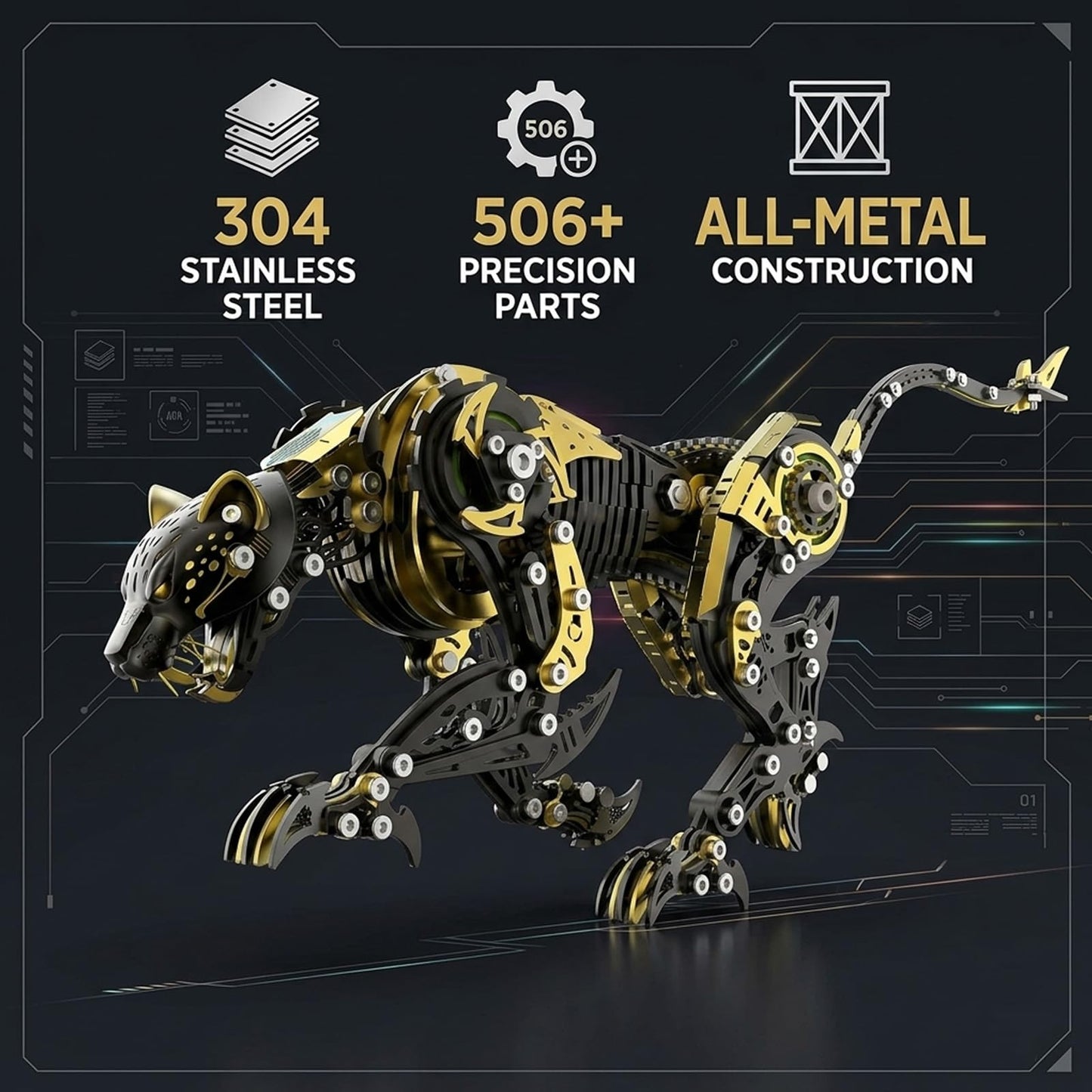 3D Metal Puzzle for Adults, 506Pcs Steampunk Mechanical Leopard Model Kits to Build, DIY Creative Art Desktop Ornament for Home Office Decor (BlackGold)
