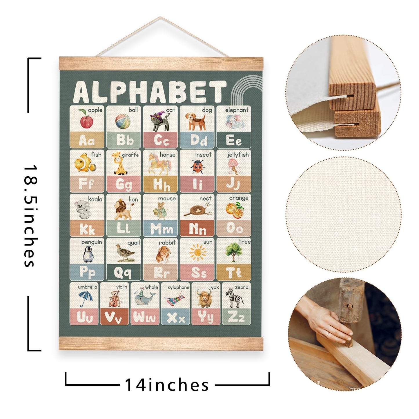 Educational Alphabet Chart Wall Art, 18.5x14Inch Colourful Alphabet Canvas Print Poster with Wooden Hanger, Classroom Learning Posters, A-Z Letters Wall Art Decor for Nursery,Playroom and Home School