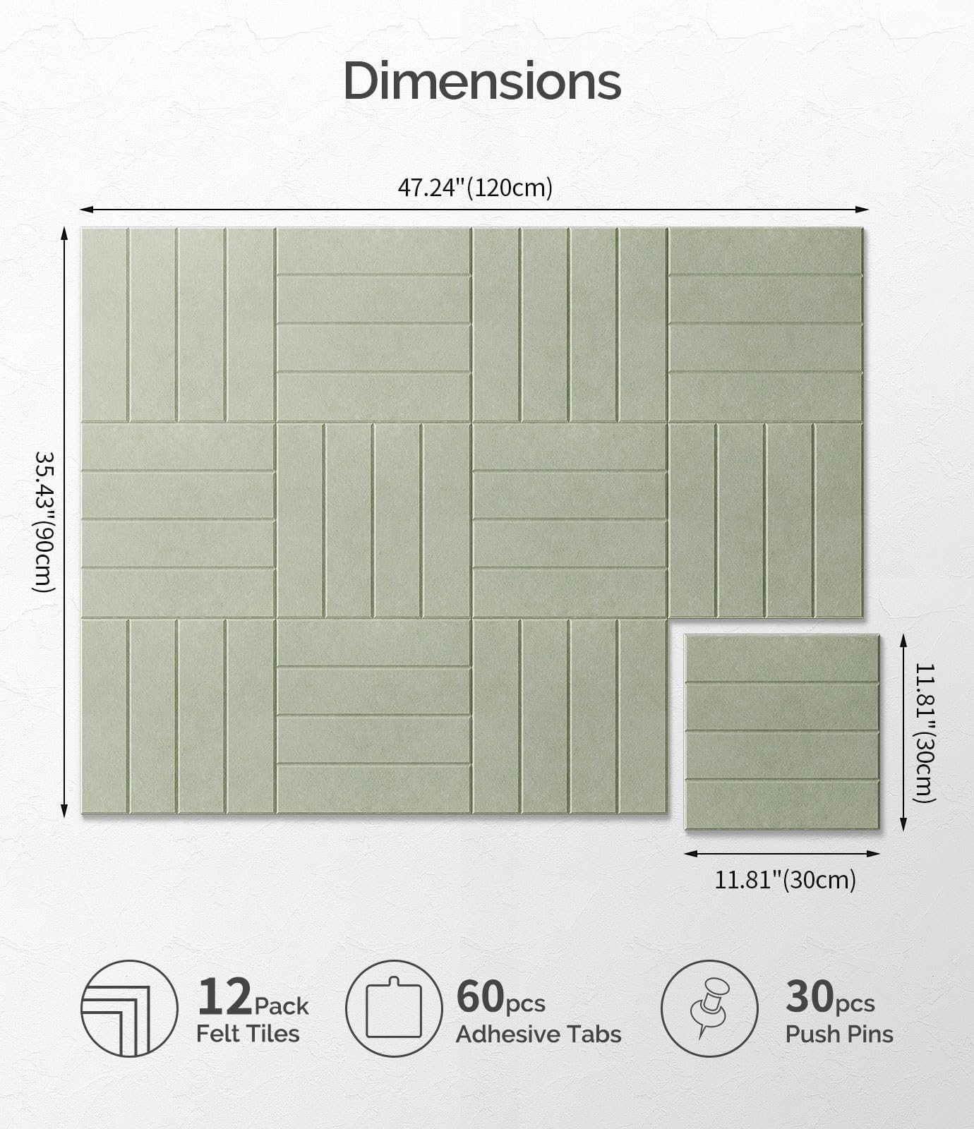 Bounmer Large Cork Board Alternative 48“ x 36”, 12-Pack Felt Bulletin Board Tiles with 60 Safe Removable Adhesive Tabs & 30 Pushpins, Cork Boards for Office Walls Decor (Sage)
