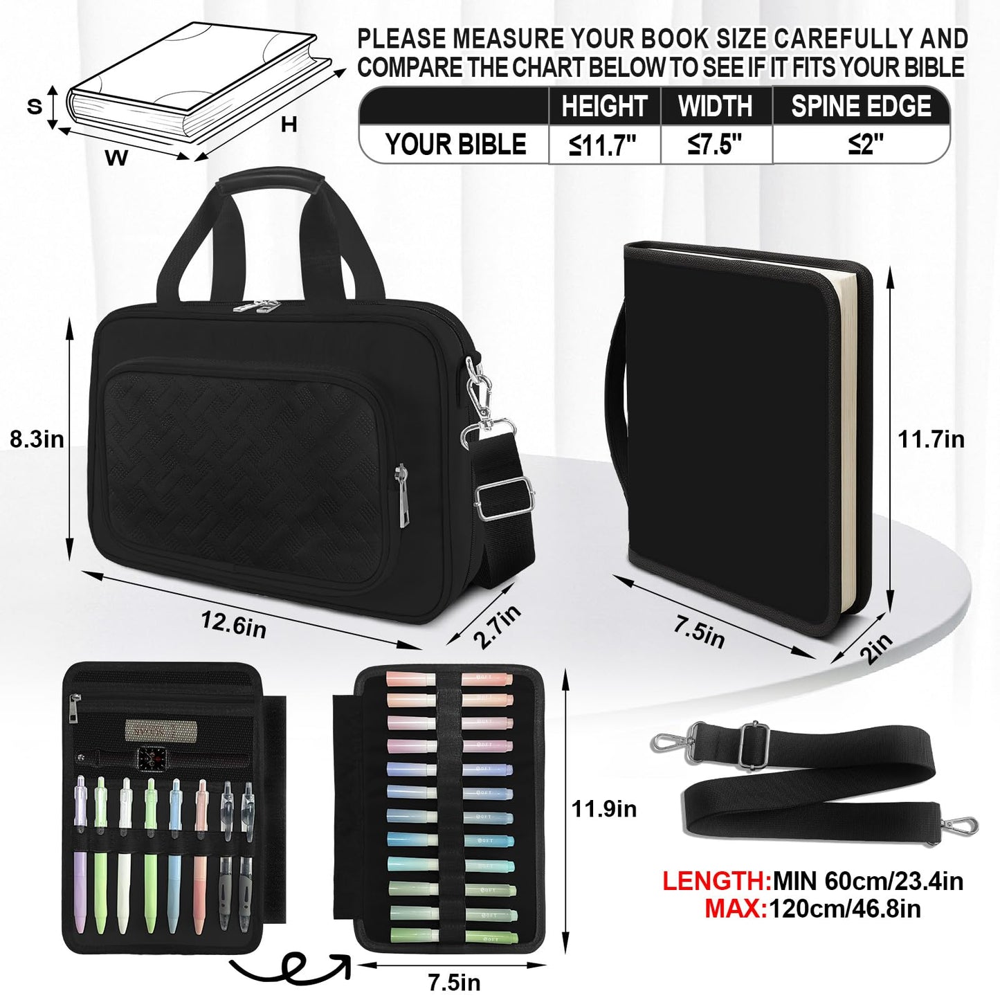 IBOVODI Bible Cover Case for Men Women with Highlighters Tabs Pens Cross Clips Large Church Bag with Zippered Pocket and Handle, Bible Study Supplies Bible Journaling Kit Book Carrying Case (Black)