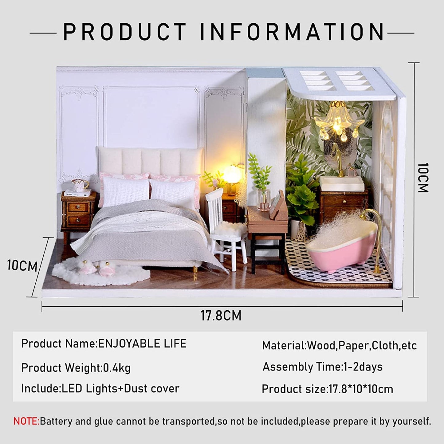 CUTEROOM DIY Doll Room Miniature Furniture Wooden House Kit - Wooden Dolls House Kit with Dust Cover & LED Light and Accessories - QT Series Dollhouse (QT011)