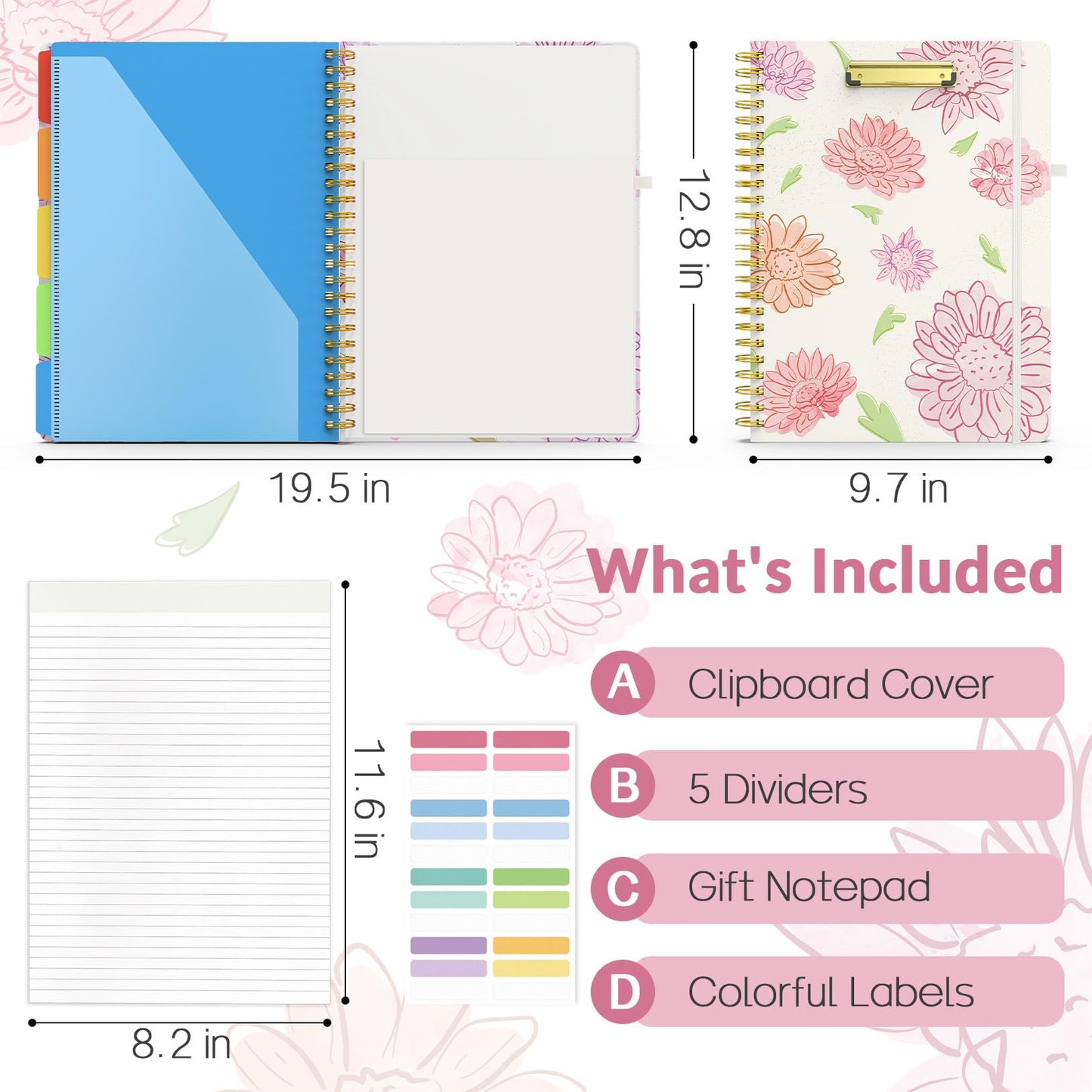 Sooez Clipboard Folio with Refillable Notepad, Folder with 10 Storage Pockets for Letter Size, Spiral Clipboard Notebook, Cute Portfolio for School, Office & Nursing