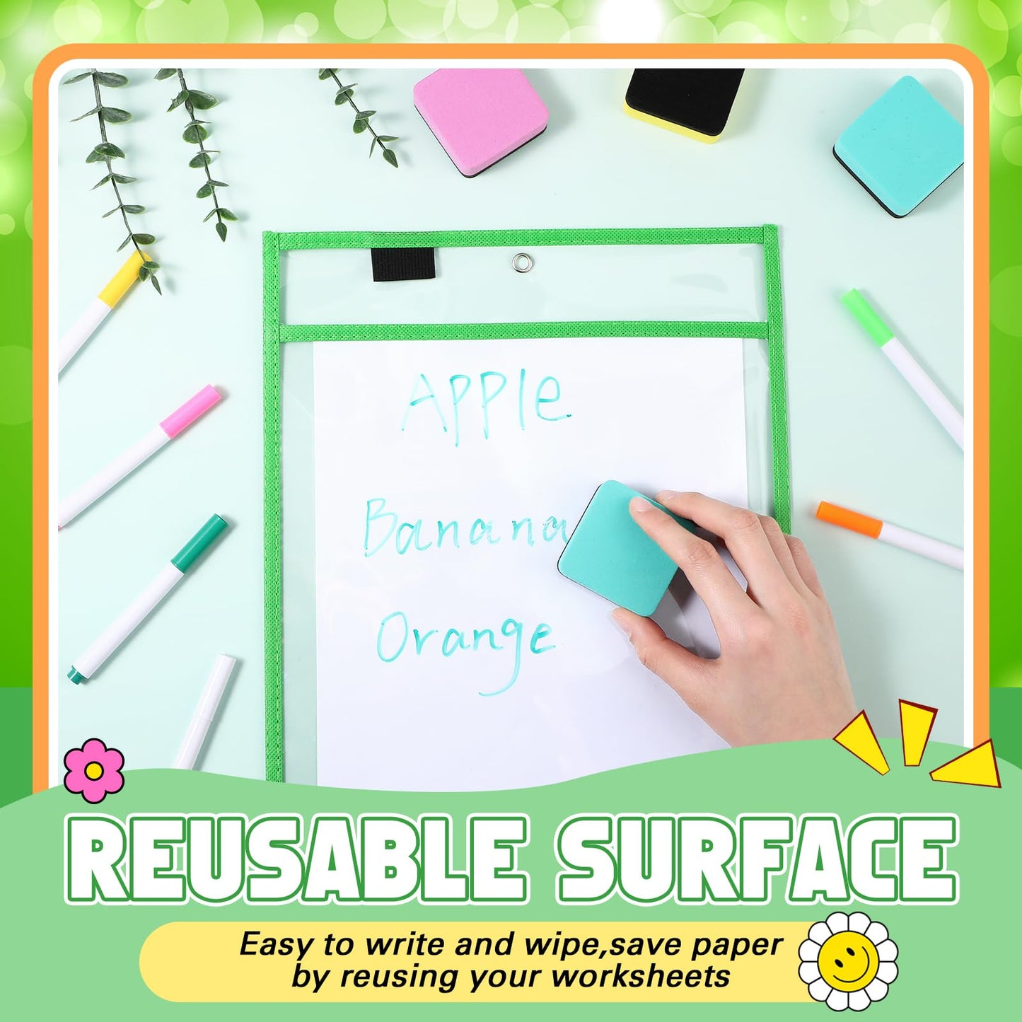 Watersay 24 Pcs Dry Erase Pocket Reusable Sleeves 10" x 14" Clear Plastic Sheet Protectors with Markers and Mini Dry Erasers for Paper(Modern Boho)
