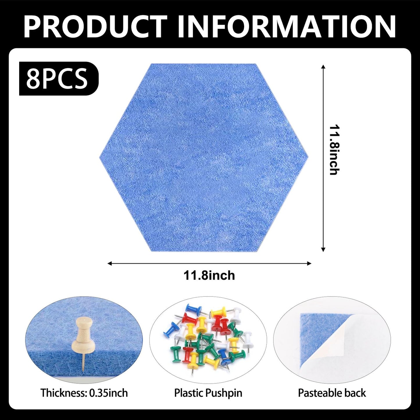 8 Packs Sky Blue Hexagon Felt Pin Board, 12" Bulletin Board with 30 Push Pins, Felt Board for Home Kitchen Office Decor, Self-Adhesive Corkboard Tiles for Walls Message Photos Memos Display