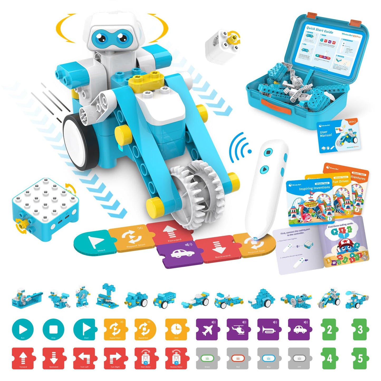 WhalesBot B3 Pro 24-in-1 Coding Robot Kit, Educational STEM Toy, Advanced Smart Programming for Educators, Robot Building Set with Controller&Motor&Sensors for Kids 4-6, 5-7
