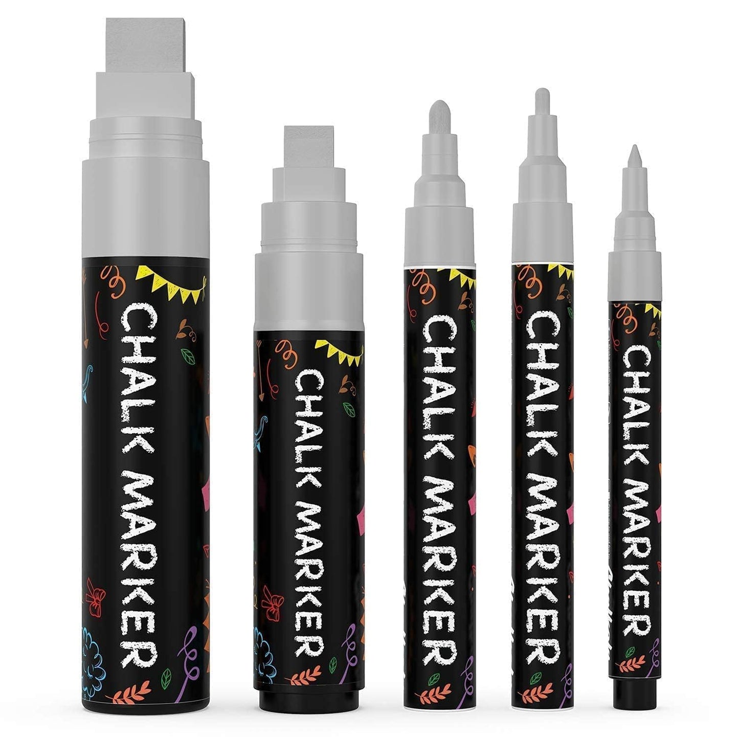 5 Silver Chalkboard Chalk Markers - Silver Dry Erase Markers for Blackboard, Chalkboard Signs, Windows, Glass | Variety Pack - Fine & Jumbo Size Ink Pen (1mm, 3mm, 6mm, 10mm, 15mm)