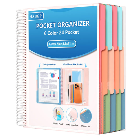 HABGP 24 Pocket Plastic folders with Pockets, 6 Colors Multi Pocket 12 Folder Binder Dividers, Multi-Subject Project Organizer for Office, School Supplies, Letter Size