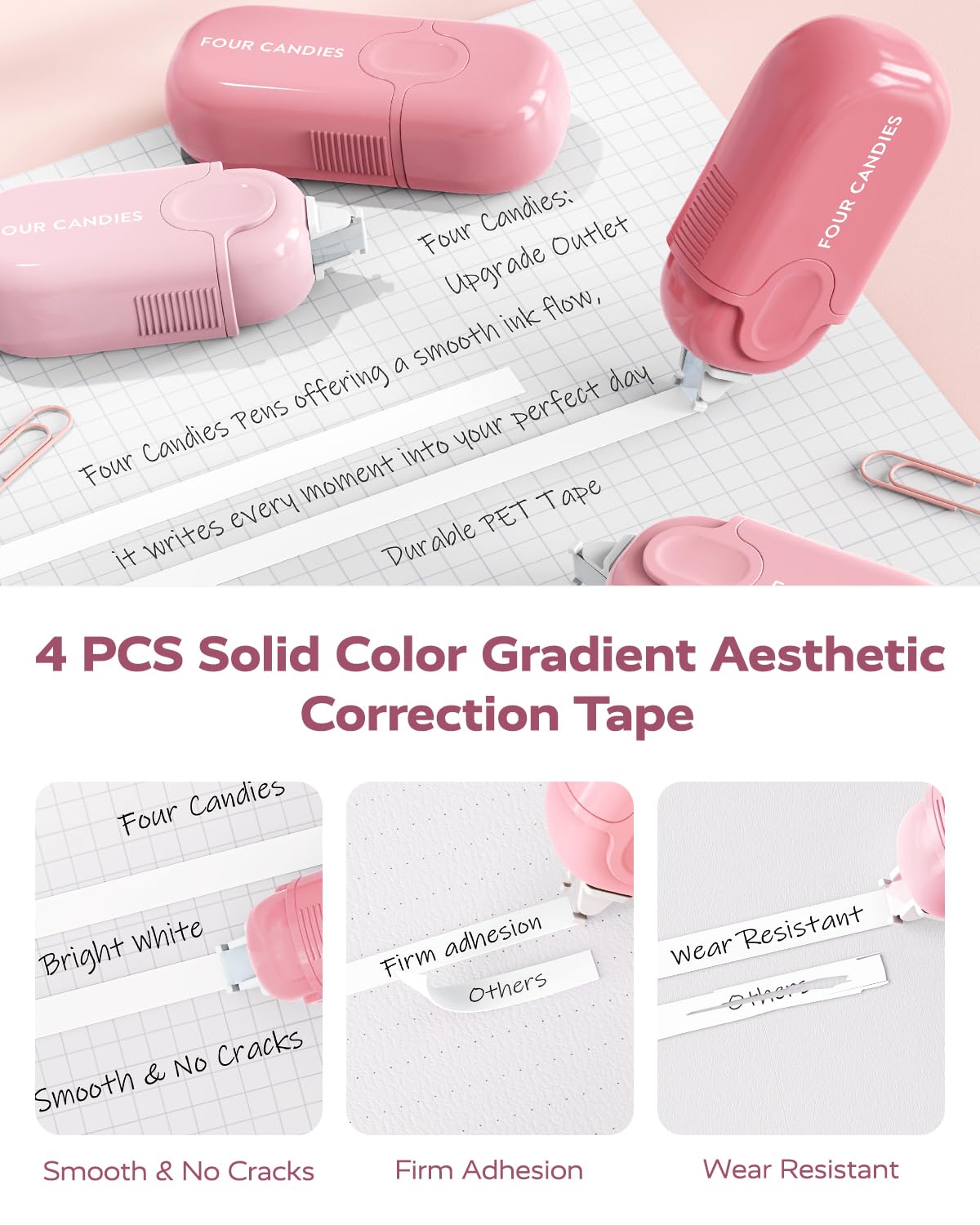 Four Candies Pink College Supplies and Nursing Essentials with Organizer, Gel Pens with Black Ink,Correction Tapes,Pastel Highlighters, Mechanical Pencils, Sticky Notes, Index Post