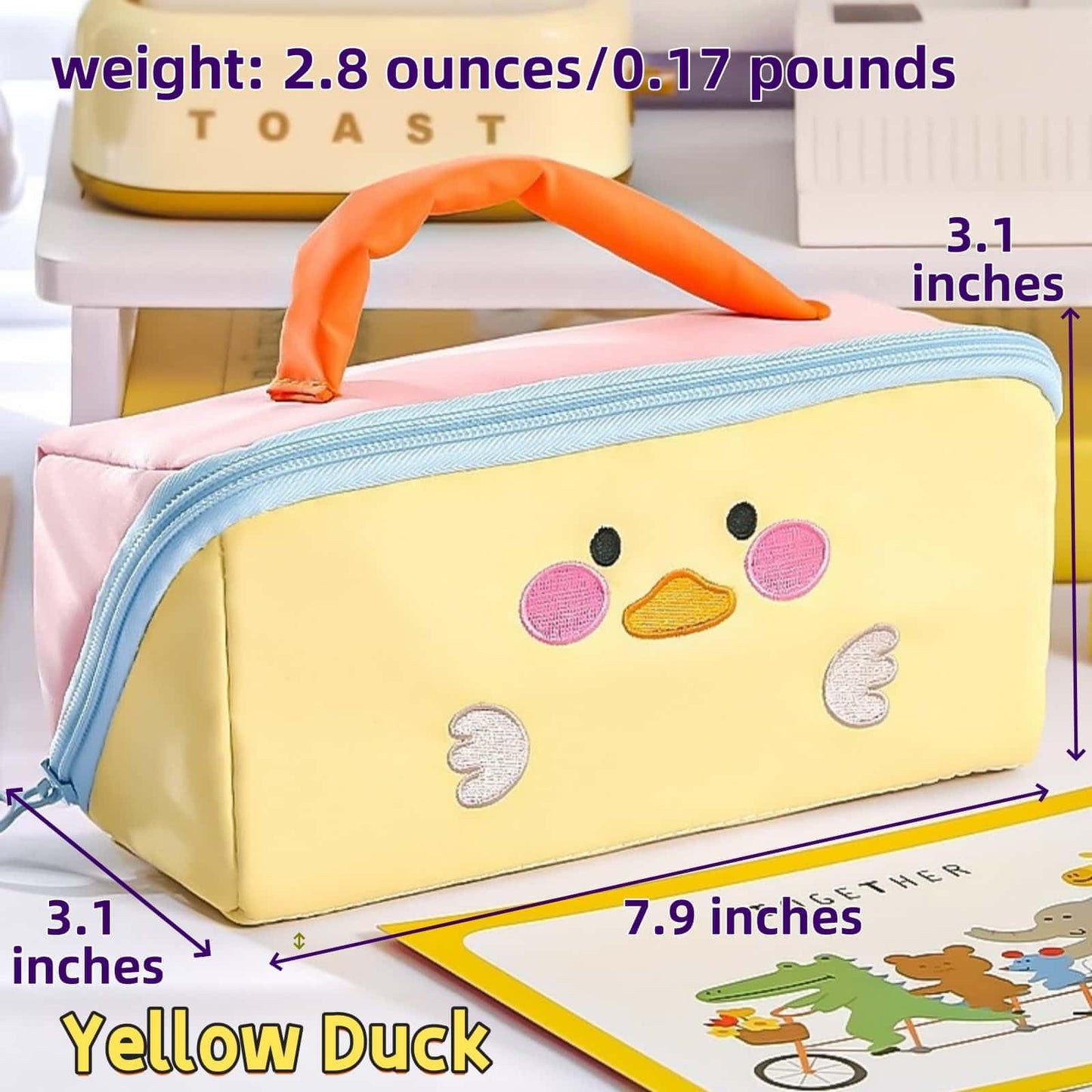 VTYFRY Cute Kawaii Pencil Case Pouch with Handle Cartoon Animal Large Capacity Pen Box Holder Organizer for Office Workspace Supplies Desk Accessories Travel Essentials Trendy Gift (Yellow Duck)