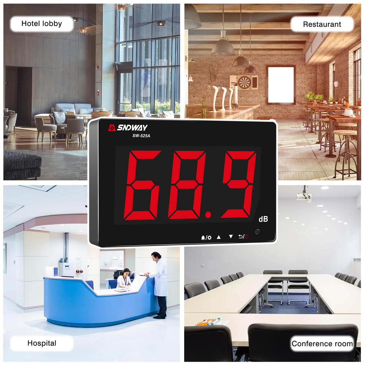 Decibel Meter 30dB-130dB, Wall Mounted Hanging Sound Level Meter for Classroom Noise, Large Screen SPL Meter with Alarm, USB Powered Noise Tester for Public Area/Restaurant