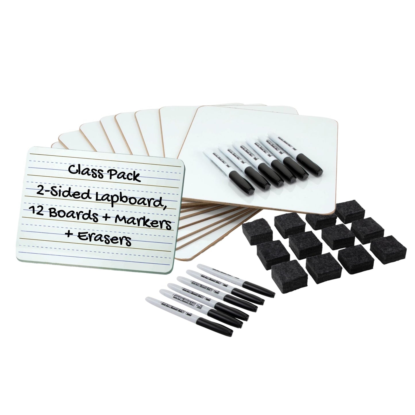 Charles Leonard Dry Erase Board Class Pack - Includes 12 Plain/Lined 2-Sided Boards, 12 Erasers and 12 Black Markers, in a Re-Useable Box (35030)