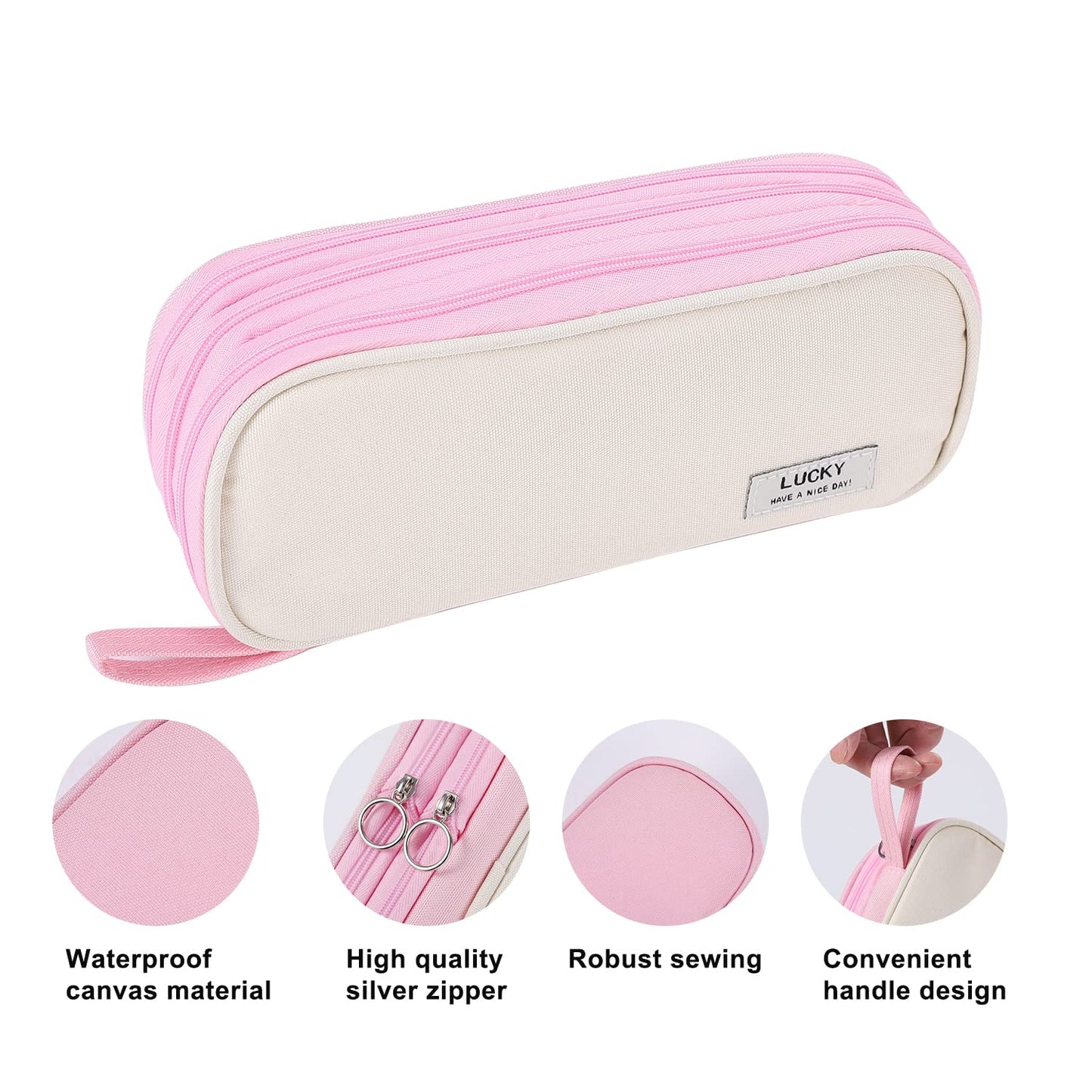 Tergopa Big Pencil Case Zipper Pencil Pouch Organizer Large Capacity Pen Bag with Handle Portable for Girls Kids Adults Gift Pen Case for School Home Office Light-pink