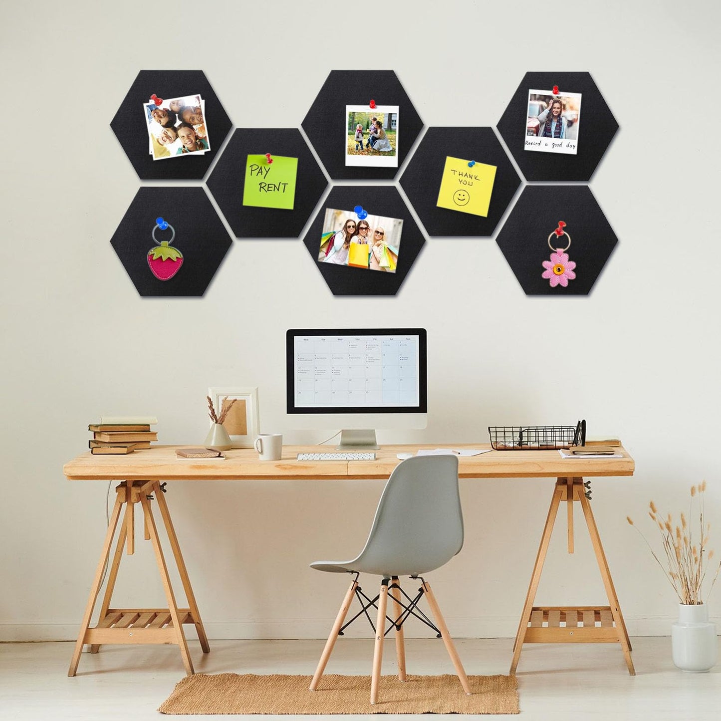 8 Packs Black Hexagon Felt Pin Board, 12" Bulletin Board with 30 Push Pins, Felt Board for Home Kitchen Office Decor, Self-Adhesive Corkboard Tiles for Walls Classroom Message Photos Memos Display
