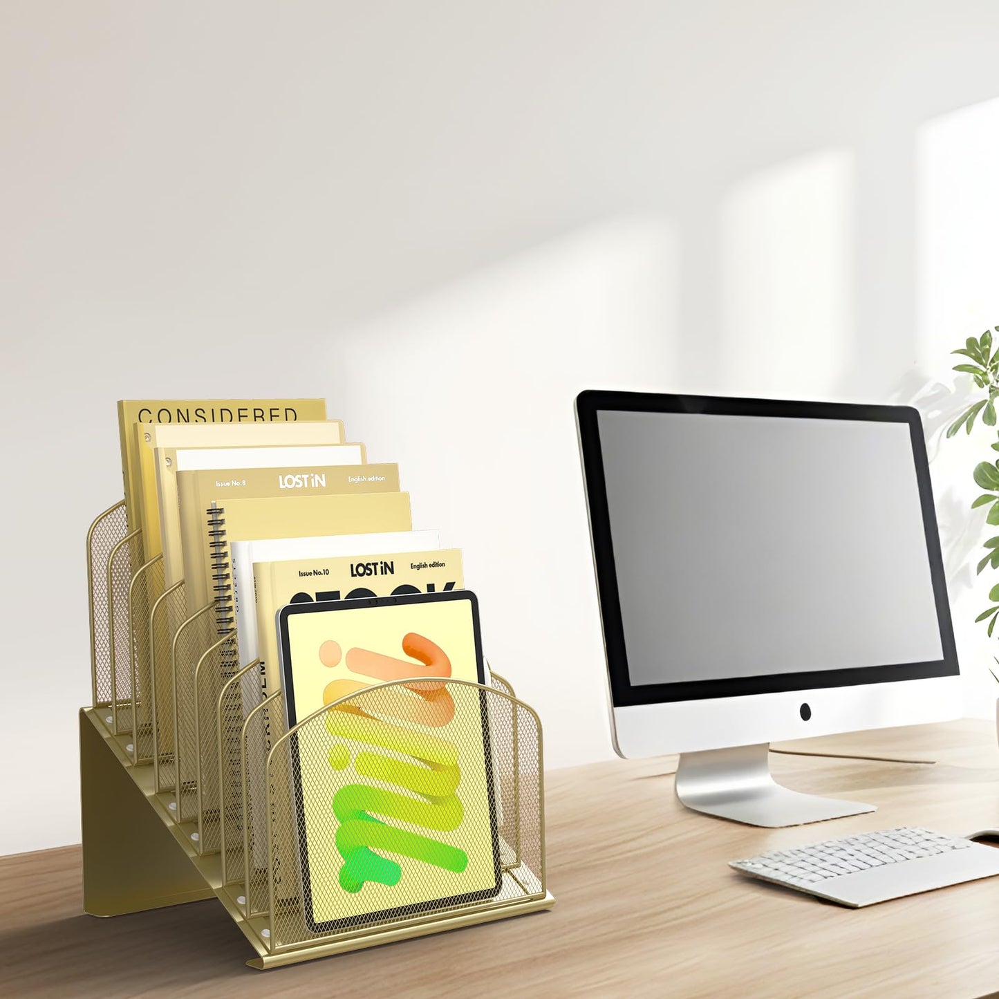 Inclined Desk File Organizer Metal Desk Magazine Folder Holder with 8-Section Vertical Compartments Rack File Organizer for Office, Home, School, Gold