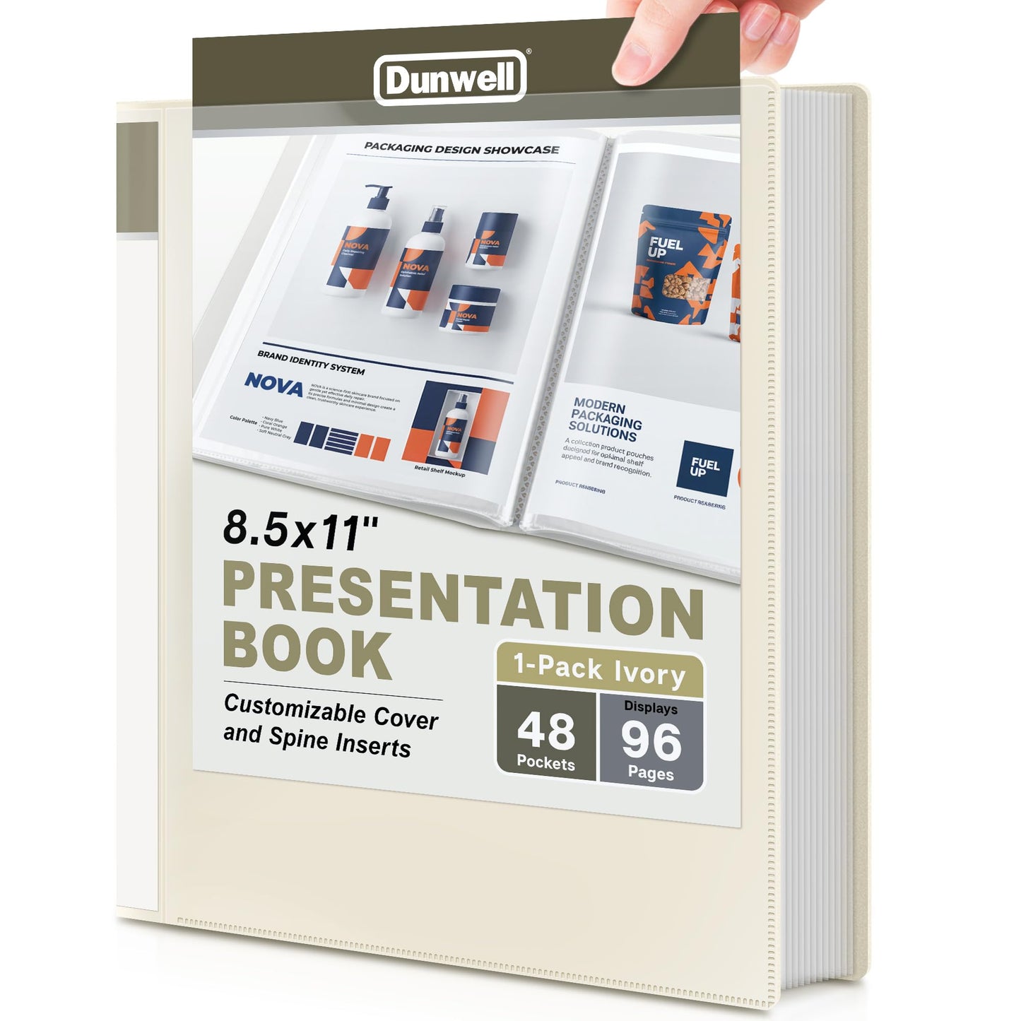 Dunwell Presentation Binder 48-Pocket, Displays 96 Pages, 8.5x11 Portfolio Binder with Plastic Sleeves, Storage and Organizer for Documents, Photos, Kids Artwork, Projects, Recipes (Ivory)