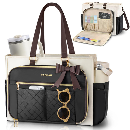Teacher Tote Bag for Women,Multi-Pocket Laptop & Nurse Work Bag with Cup Holder,Structured Business Briefcase Computer Purse