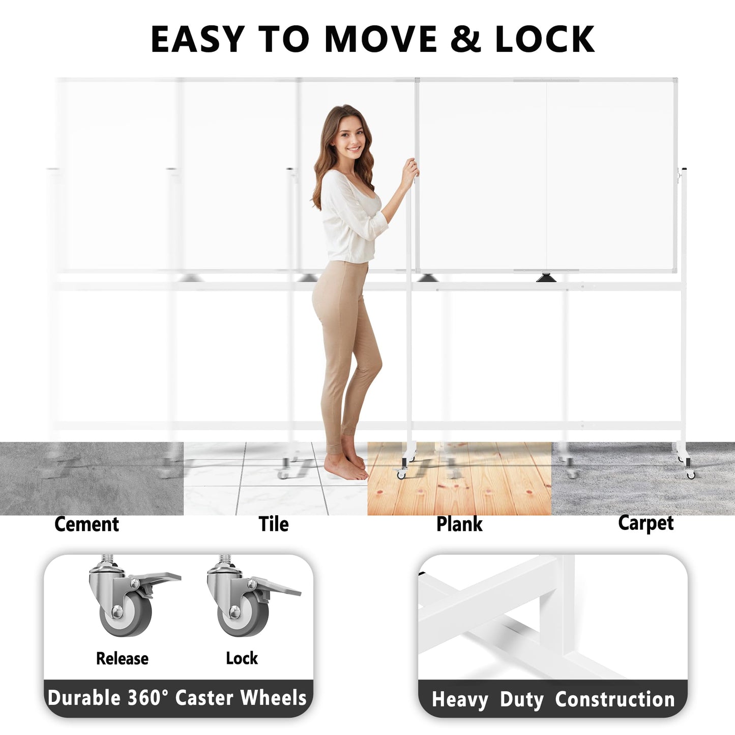 Large Rolling Whiteboard on Wheels, 48" x 36" Double-Sided Mobile White Board with Stand, 4' x 3' Portable Standing Magnetic Dry Erase Board Easel for Home Office Classroom School, Silver