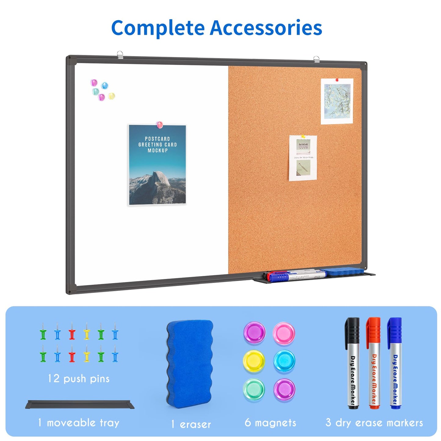 Magnetic White Board and Cork Board Combo, 24 X 18 inches Whiteboard Bulletin Combination Board, Wall Mounted Dry Erase Message Board for Home, School and Office, Black