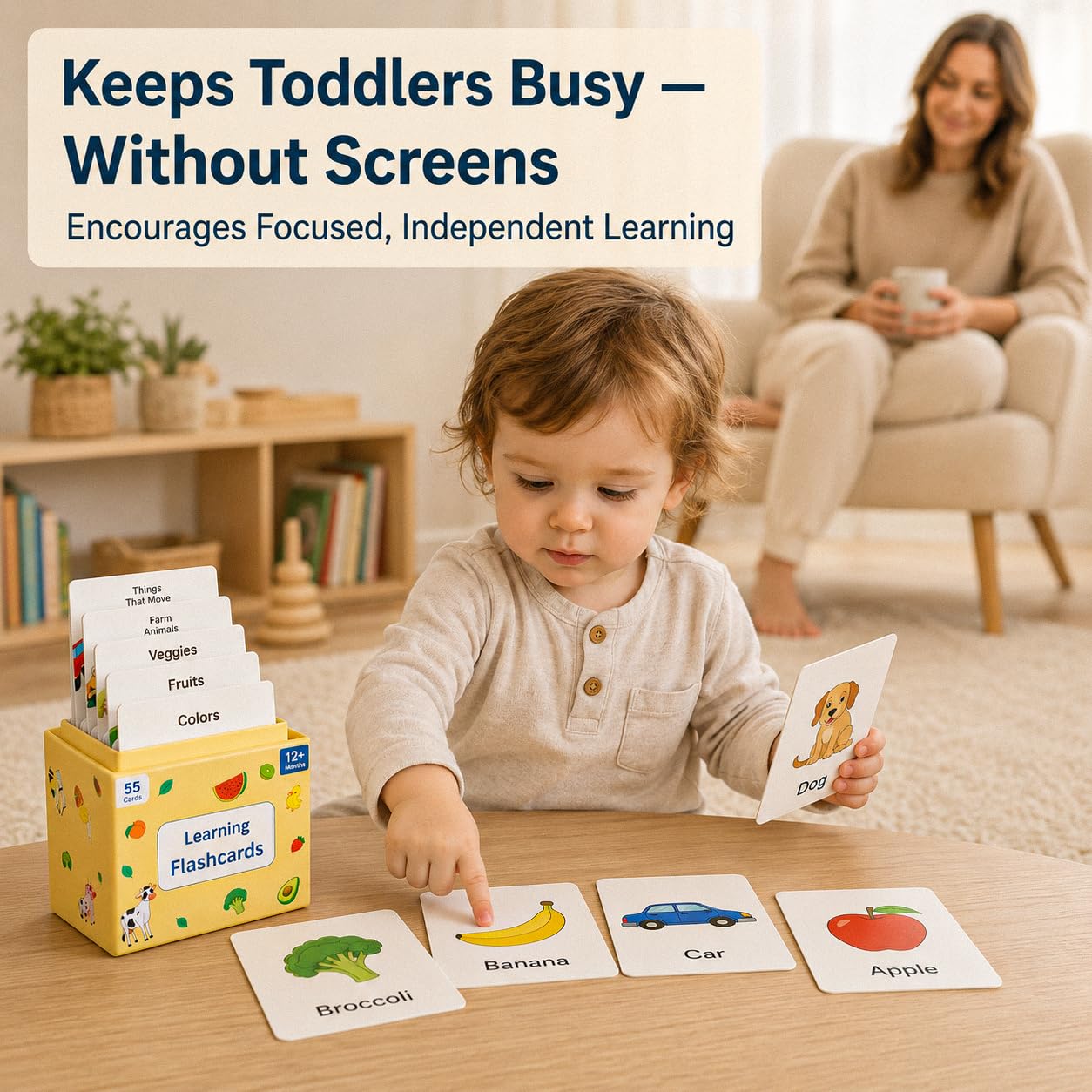 Flash Cards for Toddlers 1–3 – 55 Thick & Durable Learning Flashcards, First Words, Real-Life Images, Montessori Toy 12+ Months