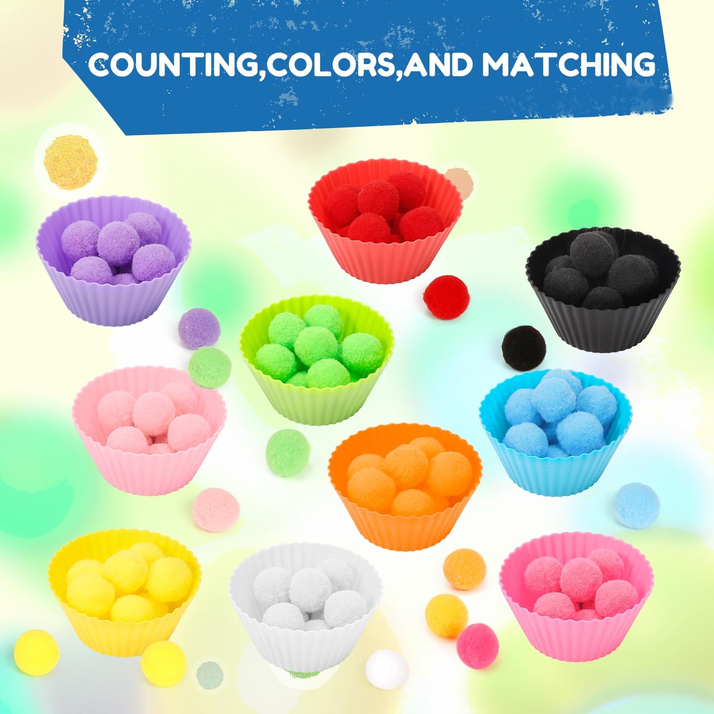 iCraftine 114 PCS Fine Motor Skills Sensory Bin Filler Includes 10 Sorting Bowls, 100 Pom Poms, 2 Tweezers, 2 Scooper Scissors for Kids Early Education, Counting Sorting Training Development