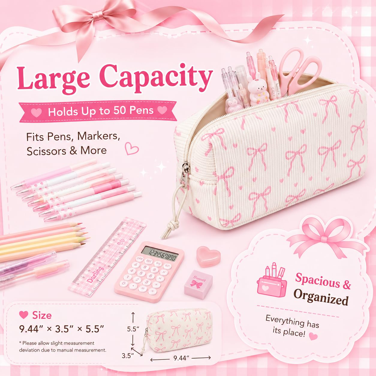 LEDAOU Cute Pencil Case for Kids Girls Boys Pencil Pouch kawaii Pen Pencil Box Bag Holder for School Students (Corduroy Pink Bow)