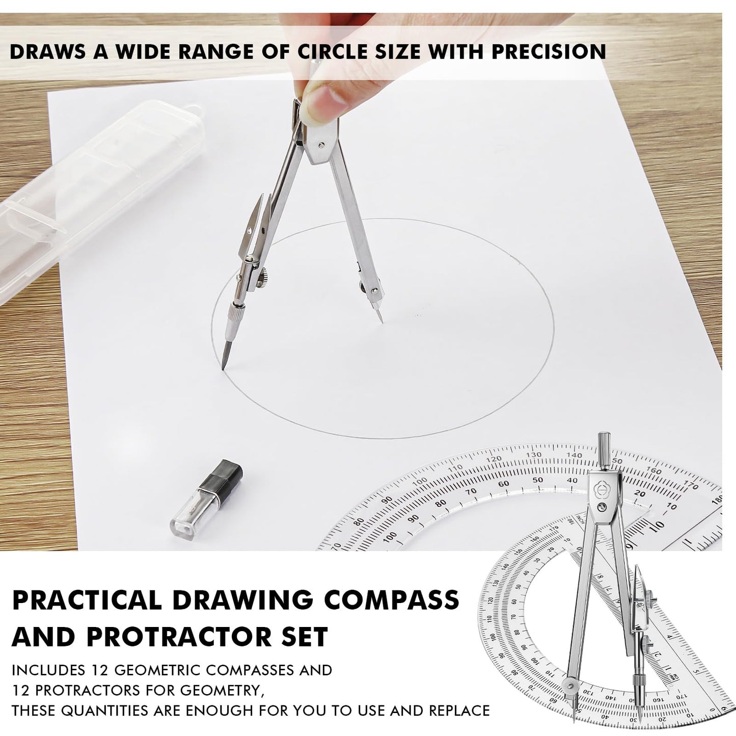 Zonon 12 Set Student Protractor and Compass Set, Student Geometry Math Set, Compass for Geometry and 180 Degree Math Protractor for Drawing Measuring School Office