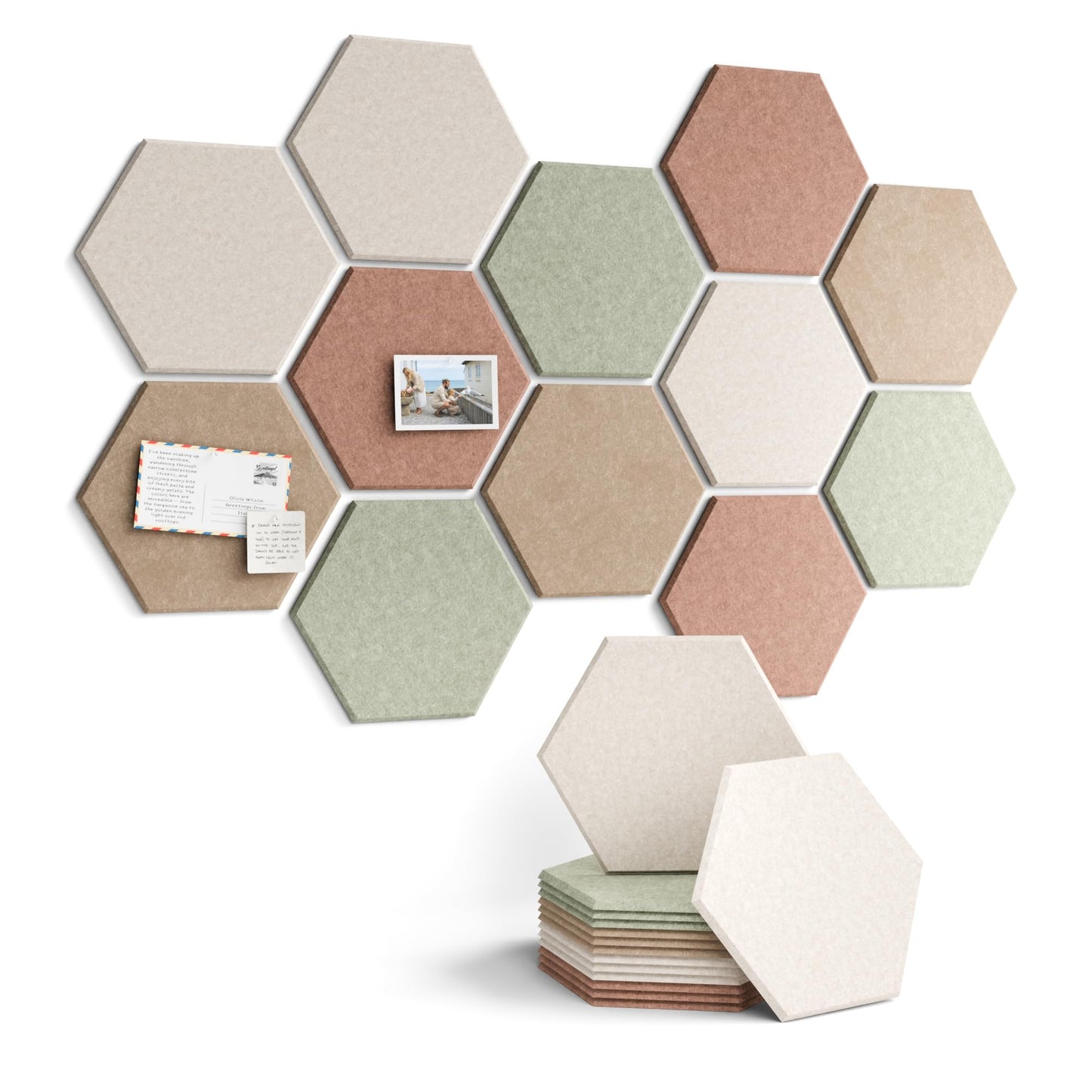 Fluxynara Hexagon Cork Board Alternative for Walls Decor-12-Pack Felt Bulletin Board Tiles,with 30 Pushpins,70 Adhesive Tabs for Office,Classrooms & Home Pin Board Felt Board-Boho