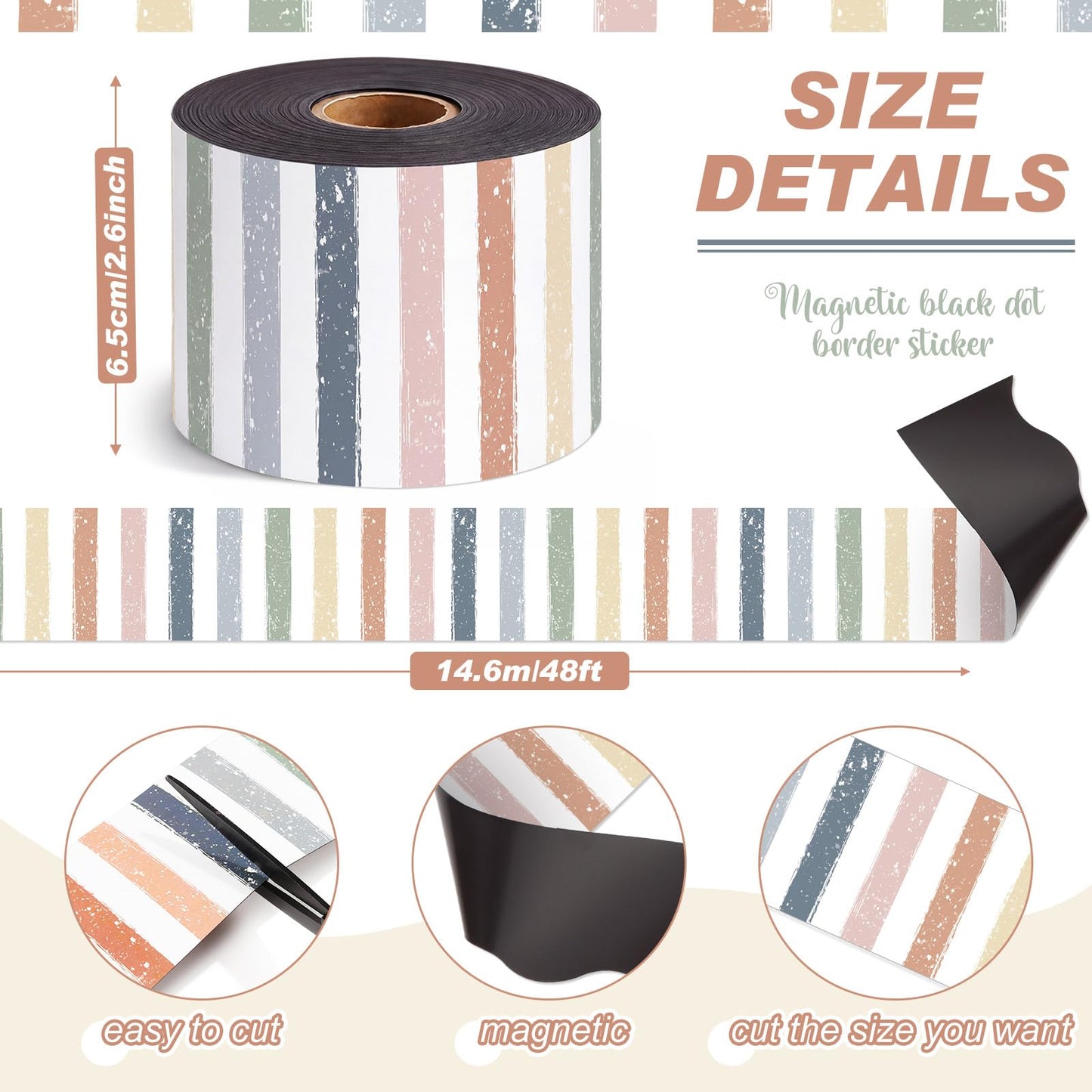 Tenceur Magnetic Borders for Whiteboard Decoration, Neutral Polka Dot Stripes Magnetic Bulletin Board Border Set for Summer Classroom Office Chalkboard Poster Board Decor, 48 ft x 2.76 Inch